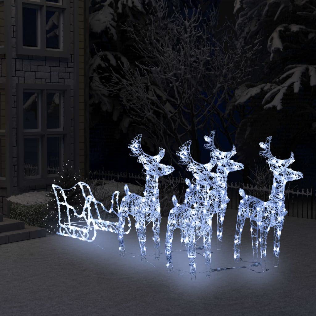 CHARMMA 4 Reindeers & Sleigh Christmas Decor with 240 LED Lights - Outdoor/Indoor Holiday Yard Decorations for Garden, Lawn, House - White Acrylic Lighted Display (110.2
