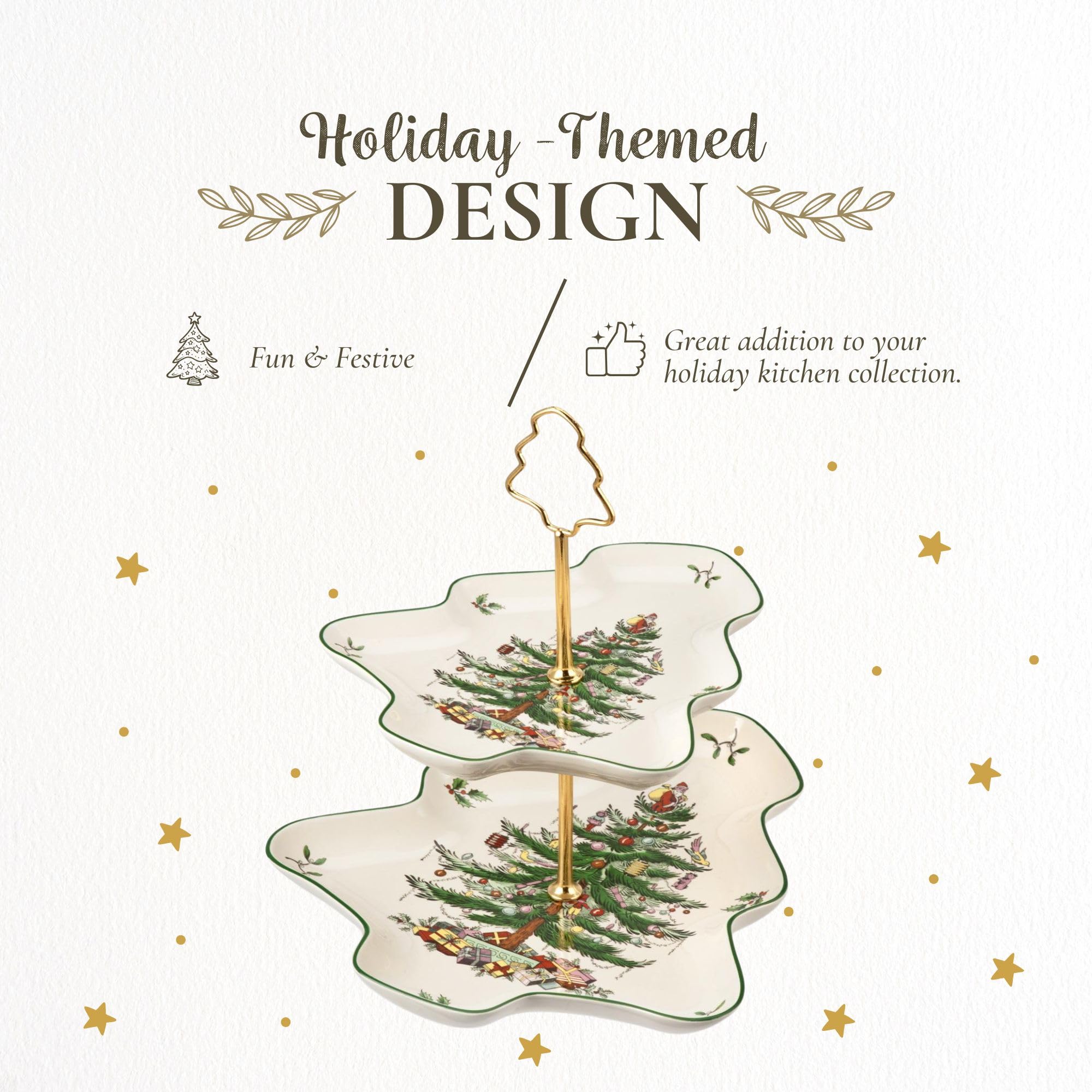 Spode Christmas Tree 2-Tiered Porcelain Server - Holiday Cupcake Stand & Dessert Display Set with 10