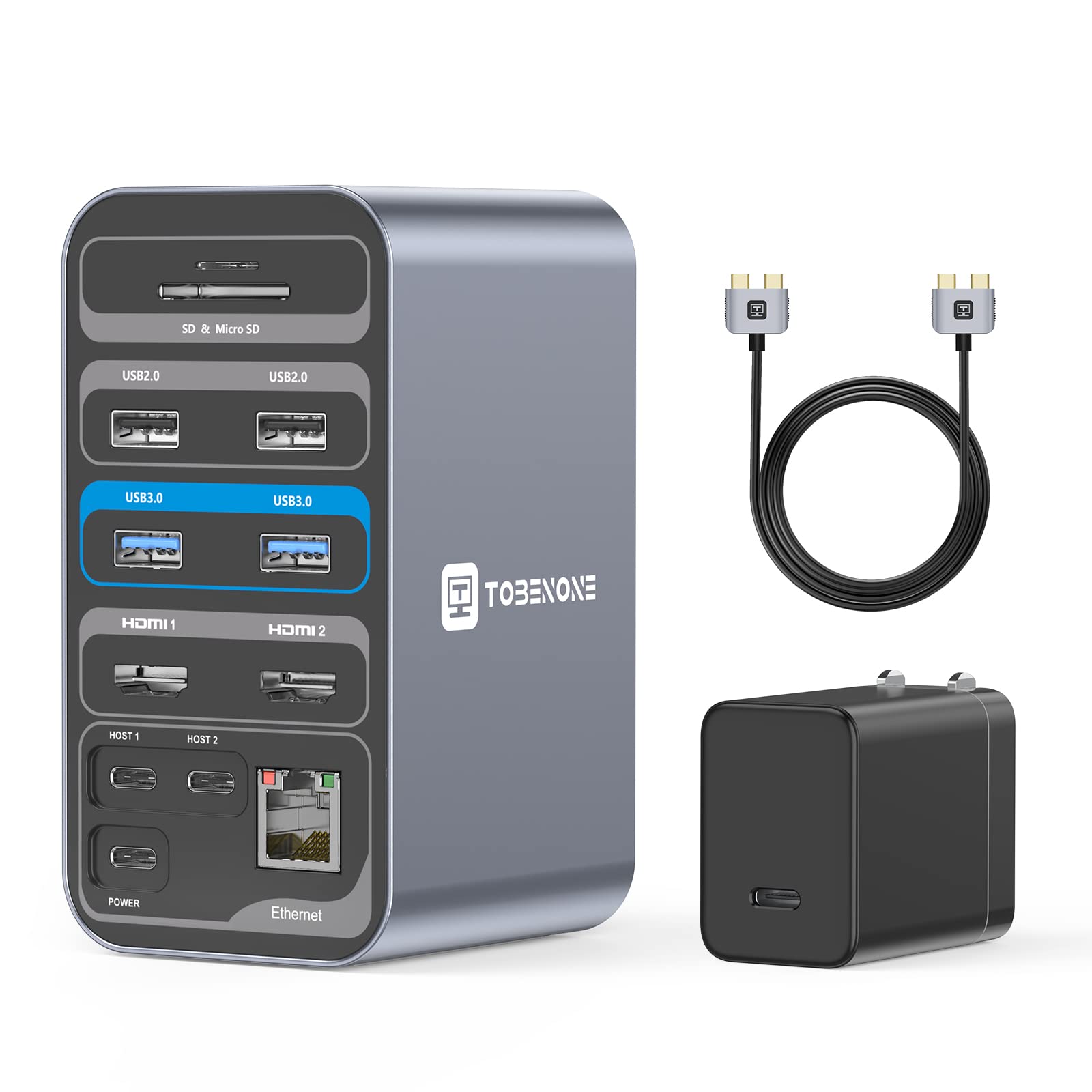 TOBENONE 15-in-2 USB C Docking Station for MacBook Pro/Air - Dual Monitor 4K HDMI, 65W GaN III Charger, 6 USB Ports, SD/TF, Ethernet, Audio - Perfect for Home Office, Gaming & Multitasking