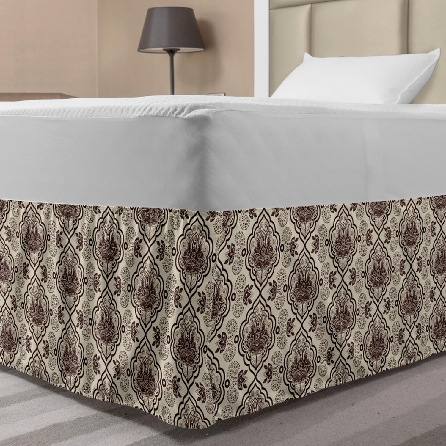 Ambesonne Damask Bedskirt - Abstract Curvy Frames & Swirly Lotus Motifs - Elastic Wrap Around Gathered Design - Full Size - Chestnut Brown & Beige - Perfect for Bedroom Decor & Guest Room Styling