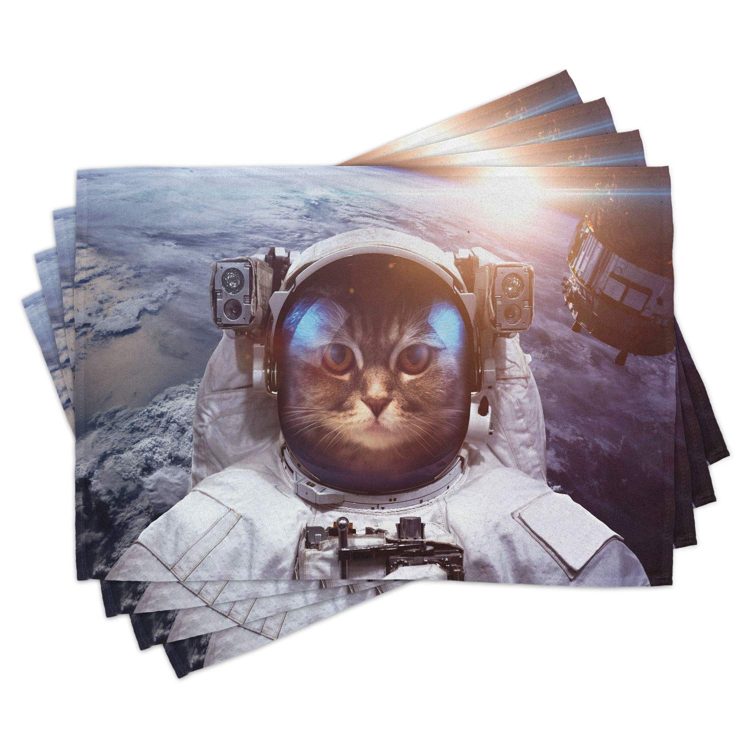 Ambesonne Space Cat Placemats Set of 4 - Astronaut Cat in Suit with Satellite Eclipse Design, Washable Fabric Table Mats for Dining Room & Kitchen Decor (Blue Grey White) - Perfect for Sci-Fi Themed Parties & Space Enthusiast Home Decor
