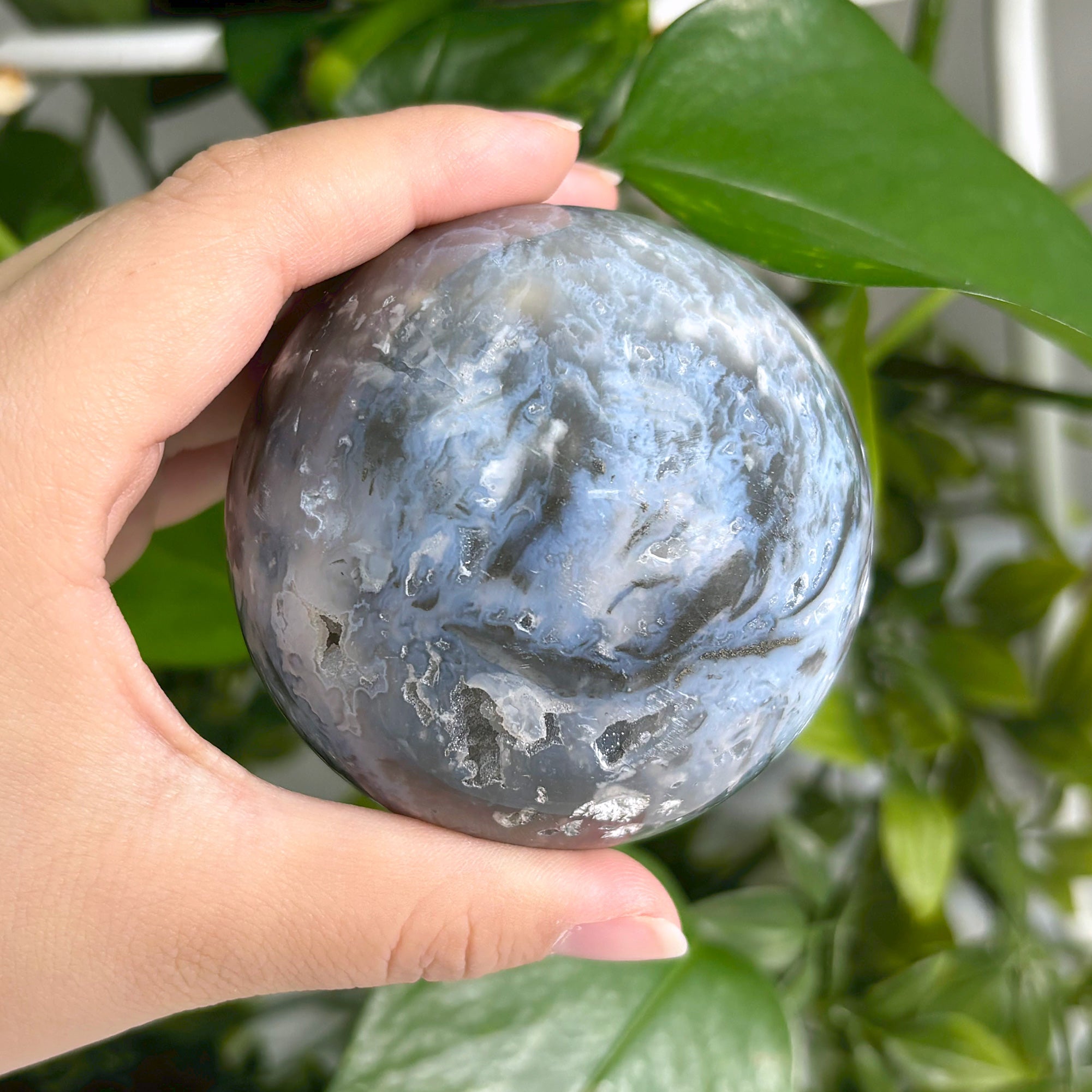 Polished Plume Agate Sphere - Natural Stone Decor Ball with Unique Patterns for Home Office Display, Mineral Specimen for Collectors | Feng Shui Decor, Meditation Stone, Gift Idea