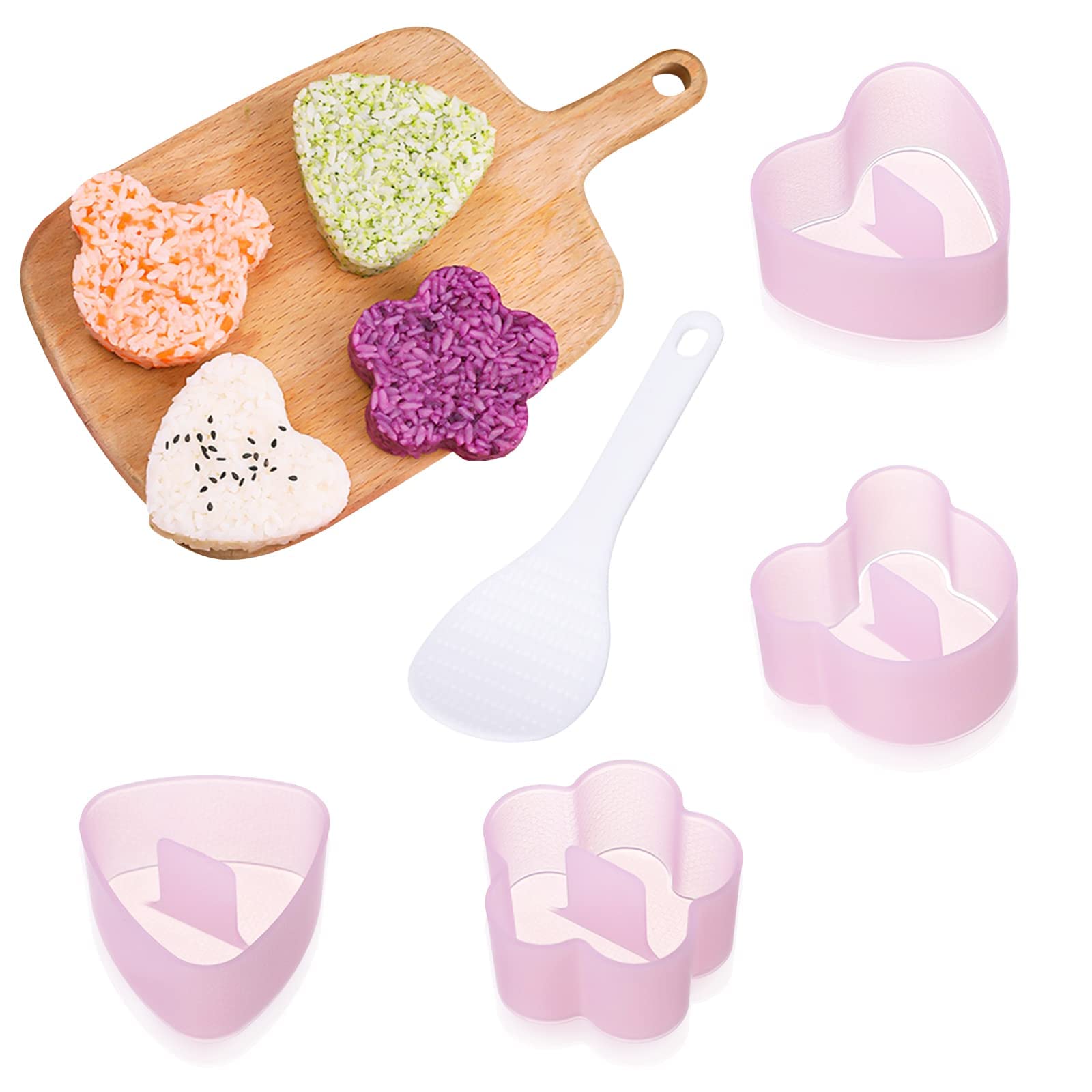 4PCS Pink Onigiri Mold Sushi Making Kit - Triangle, Heart, Bear & Plum Blossom Rice Ball Molds with Rice Paddle - DIY Bento Tools for Kids, Home Cooking & Japanese Food Lovers - Perfect for School Lunches, Party Snacks & Family Meal Prep
