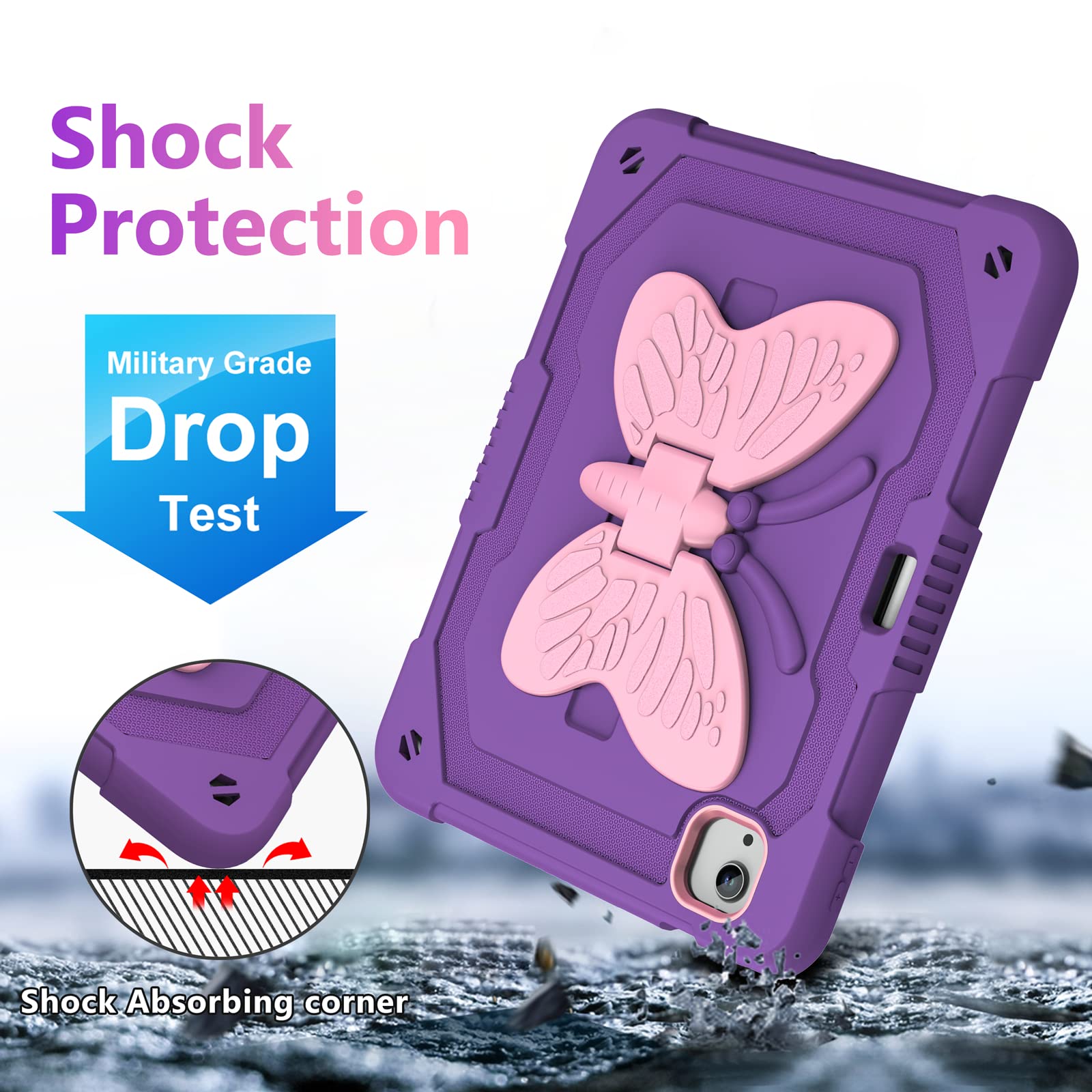 iPad Air 5th/4th Gen & iPad Pro 11 Inch Case (2022) with Screen Protector - Butterfly Stand, Strap, Pencil Holder & Hard Cover for Kids Girls - Purple | Perfect for School, Travel & Playtime