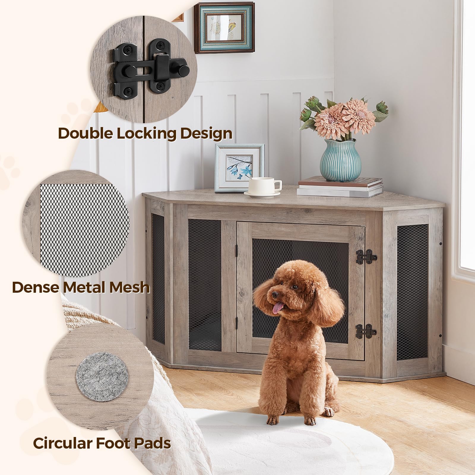 Stylish Wooden Dog Crate End Table - Multi-Functional Pet Kennel Furniture for Small & Medium Dogs | Indoor Decorative Dog House & TV Stand in Greige & Black (DCHG0801) | Perfect for Living Rooms, Bedrooms & Home Offices