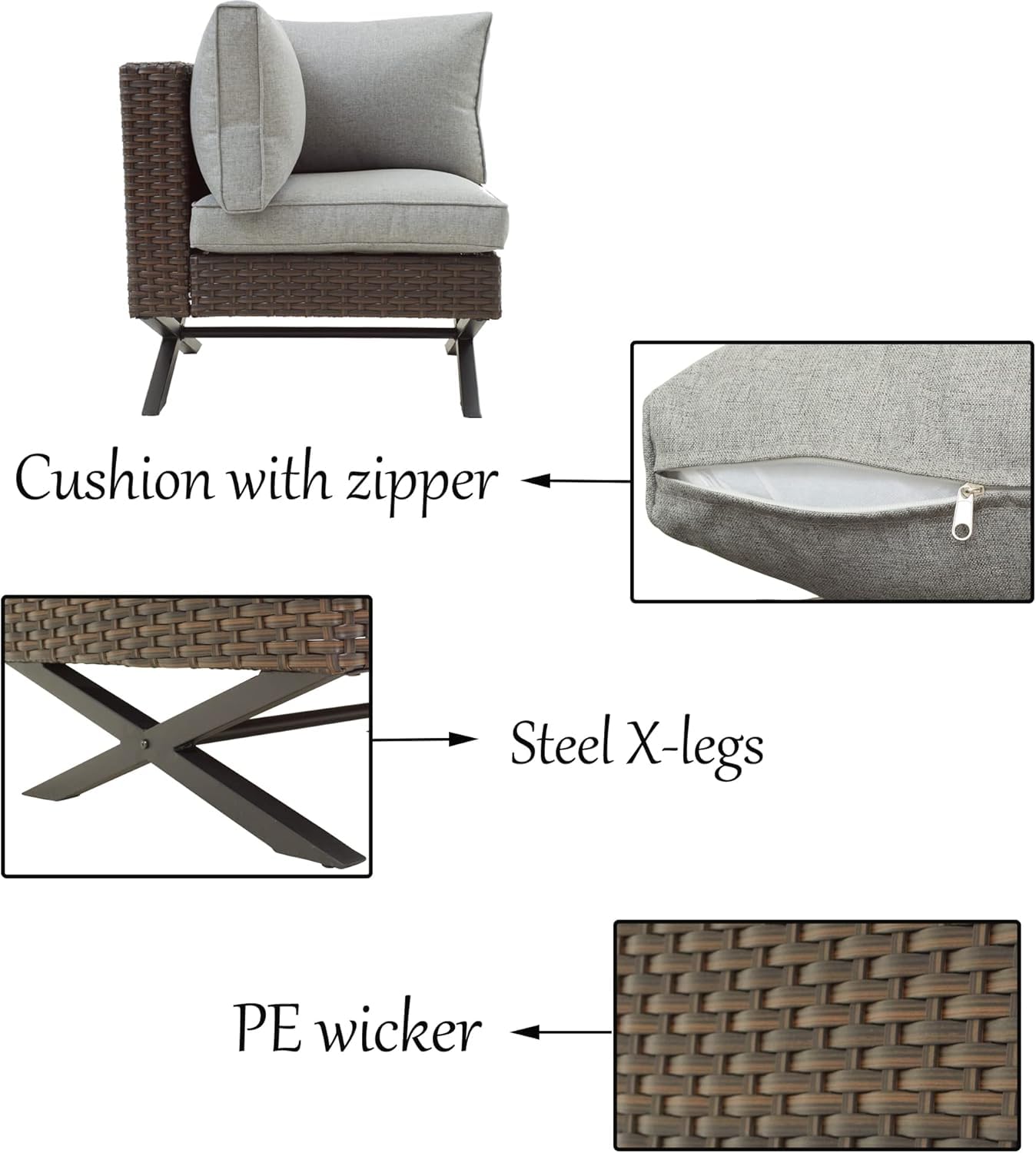 LOKATSE HOME Rattan Corner Sofa with X-Shape Legs & Cushions - Outdoor Patio Furniture, Right-Arm Lounge Chair for Garden, Poolside, Backyard - Brown Wicker Seating for Relaxing & Entertaining