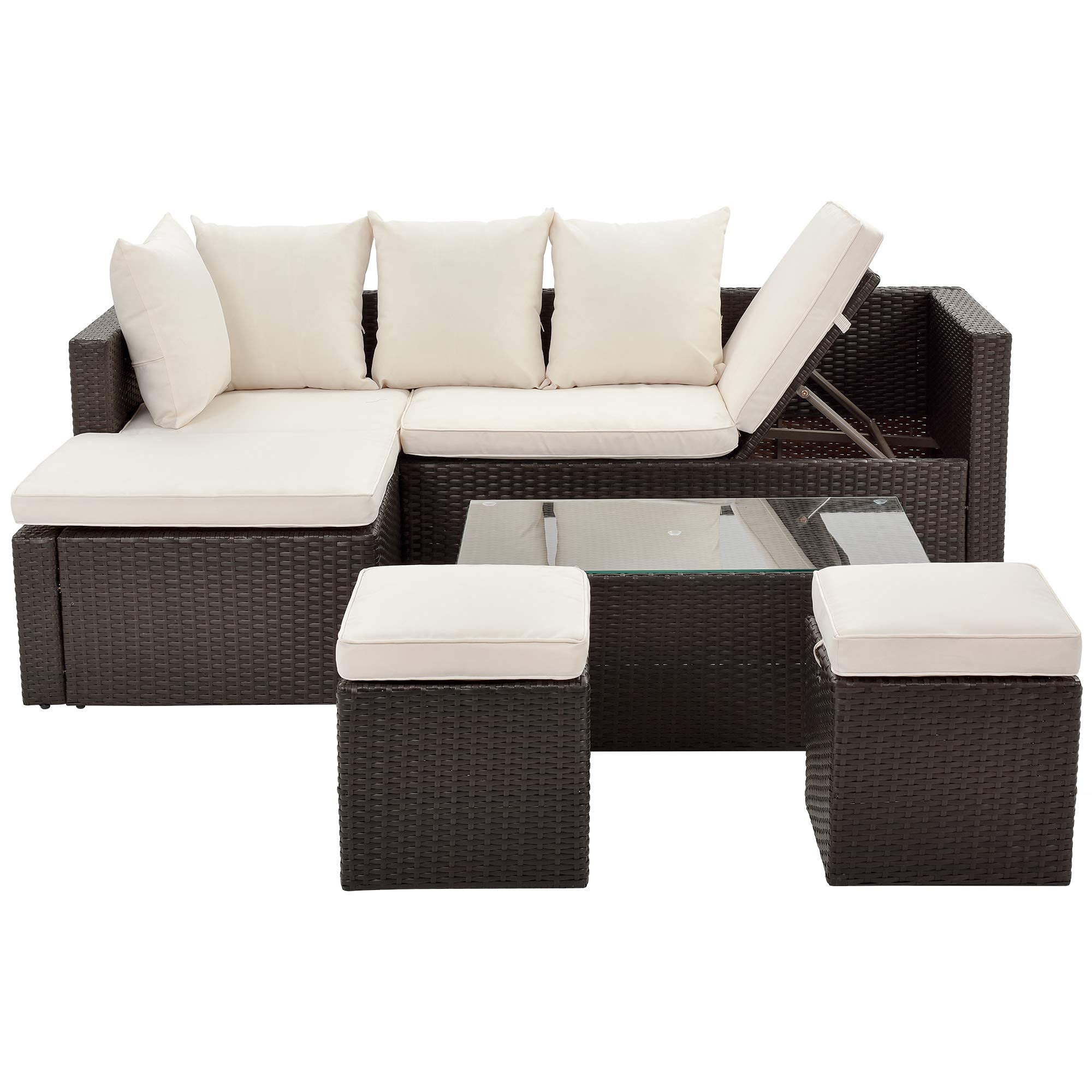 5-Piece Outdoor Rattan Patio Furniture Set with Comfortable Cushions & Glass Table - Brown Wicker & Beige Cushion (48.8