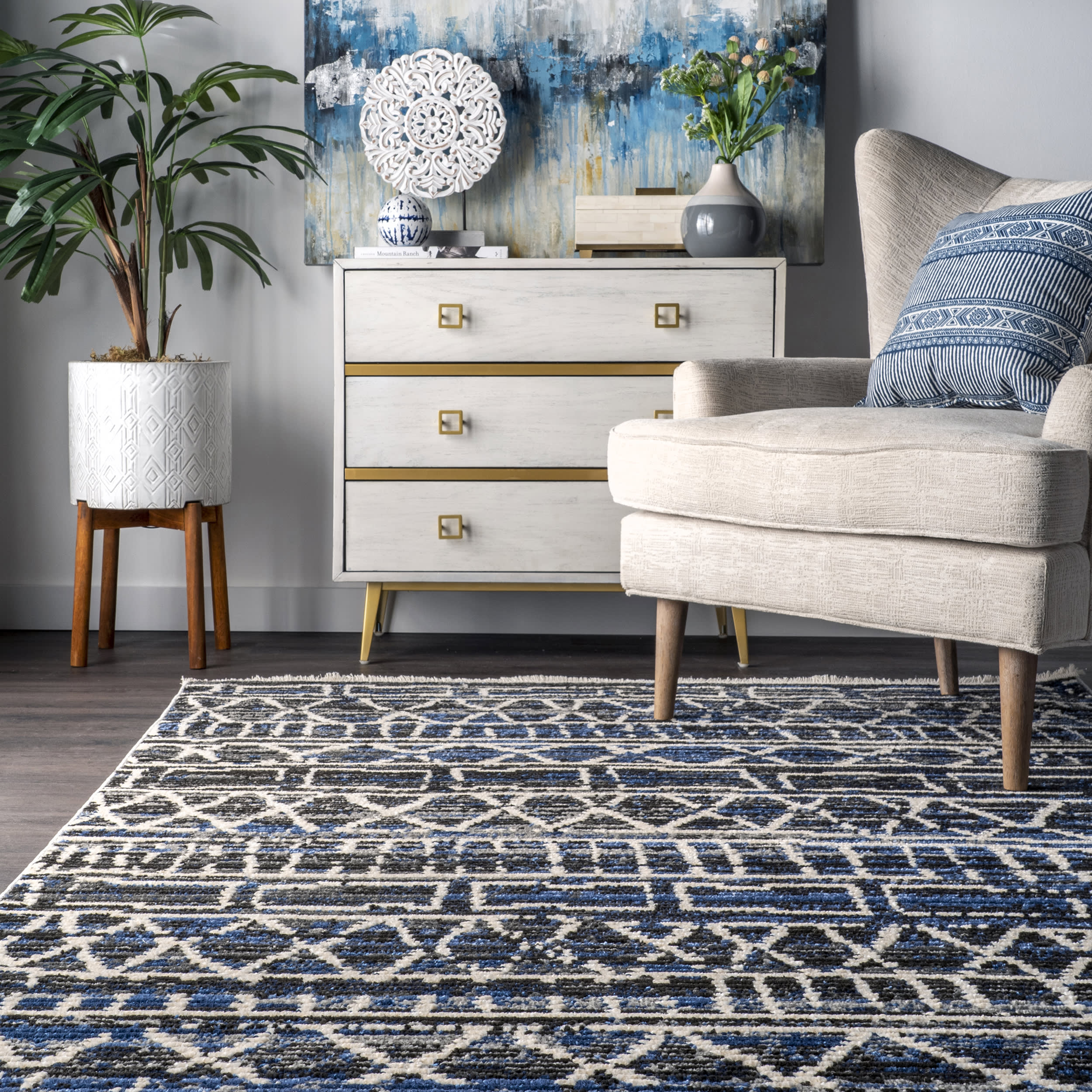 Modern Geometric Banded Area Rug in Blue - Perfect for Living Room, Bedroom, or Office Decor