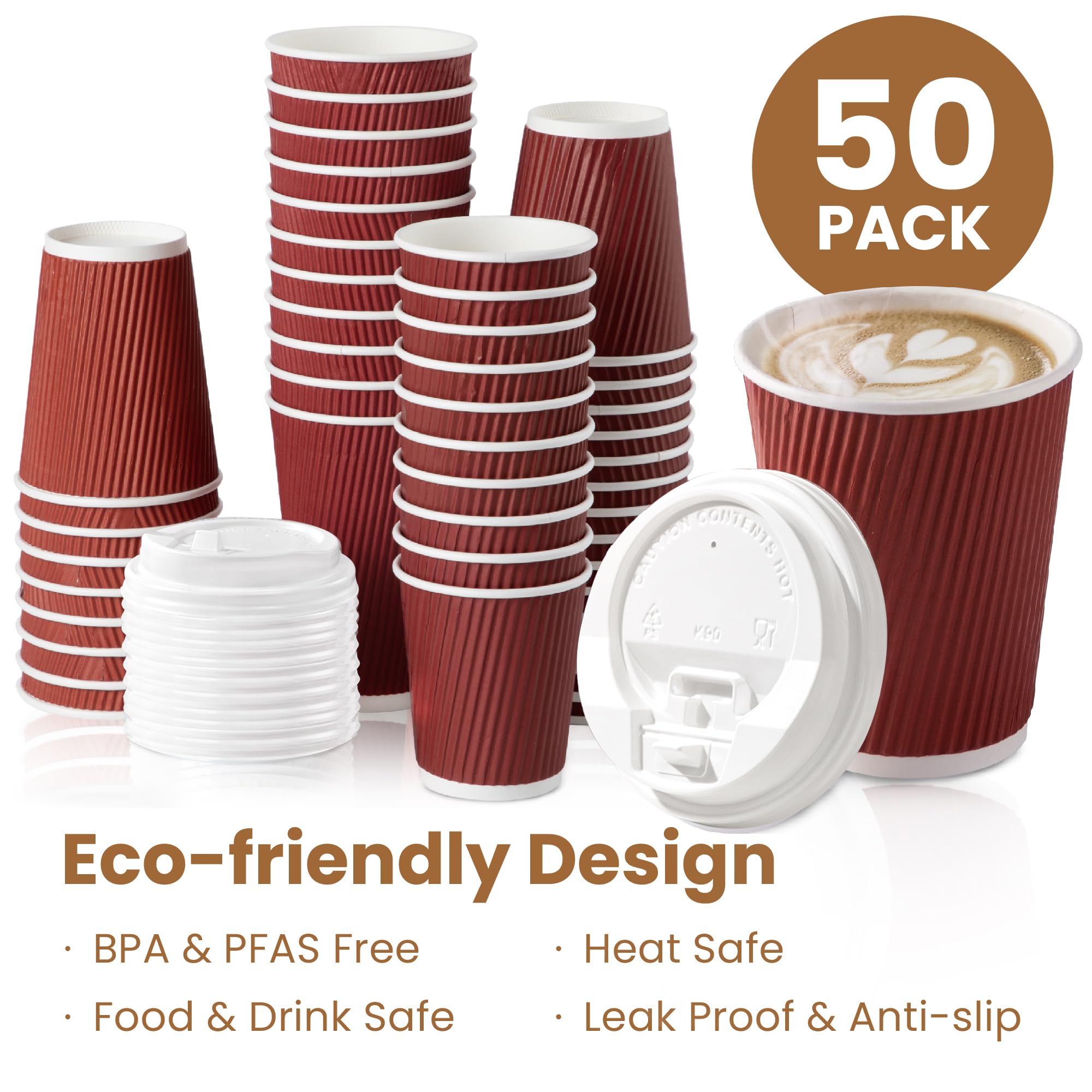 50 Pack 12 oz Disposable Coffee Cups with Lids & Stirrers - Triple Wall Insulated Hot Beverage Cups for Coffee, Tea, Hot Chocolate - Perfect for Office, Cafes, Parties & Holidays (White Lids)