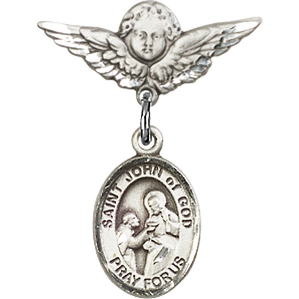 St. John of God Sterling Silver Baby Badge with Angel Wing Charm - 7/8 X 3/4 Inch Religious Pin for Christening, Baptism & First Communion Gifts