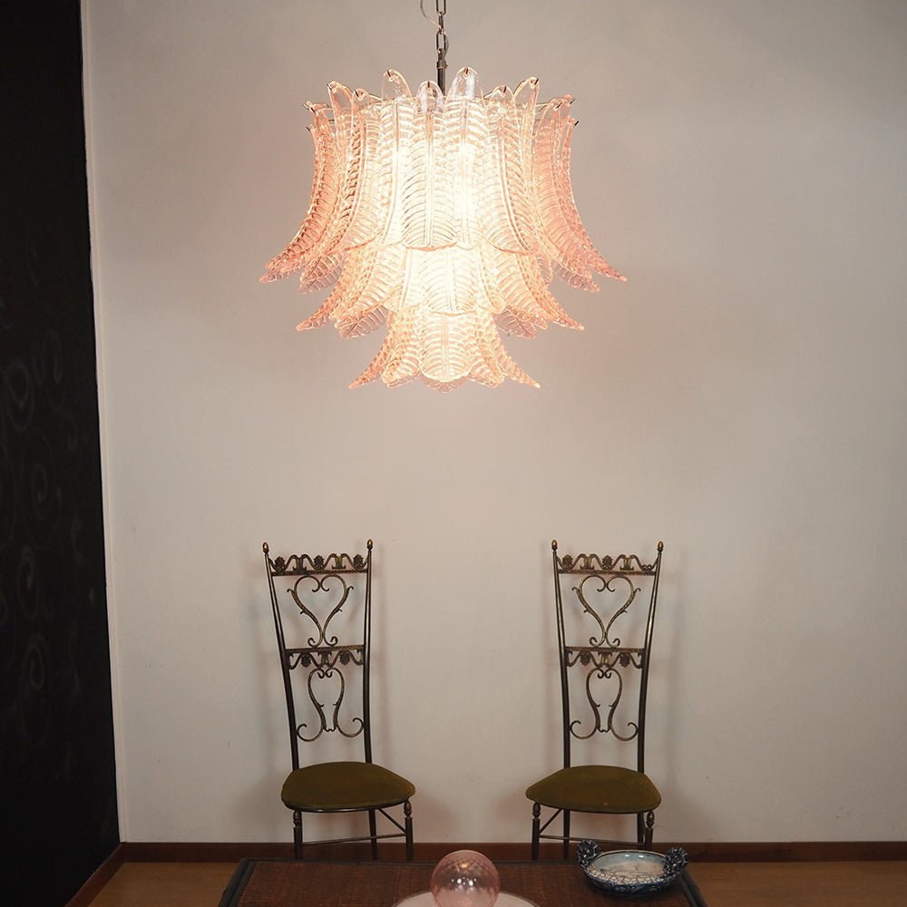 Murano Pink Glass Leaf Chandelier - Handcrafted Venetian Crystal Ceiling Light Fixture for Dining Room, Living Room & Bedroom Decor