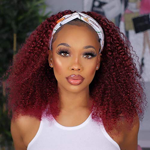 99J Kinky Curly Headband Wig - 10A Brazilian Human Hair Wig in Burgundy Red | Glueless Machine-Made No Lace Short Curly Wig (16 Inch, 180% Density) for Women | Perfect for Daily Wear, Cosplay & Protective Styling