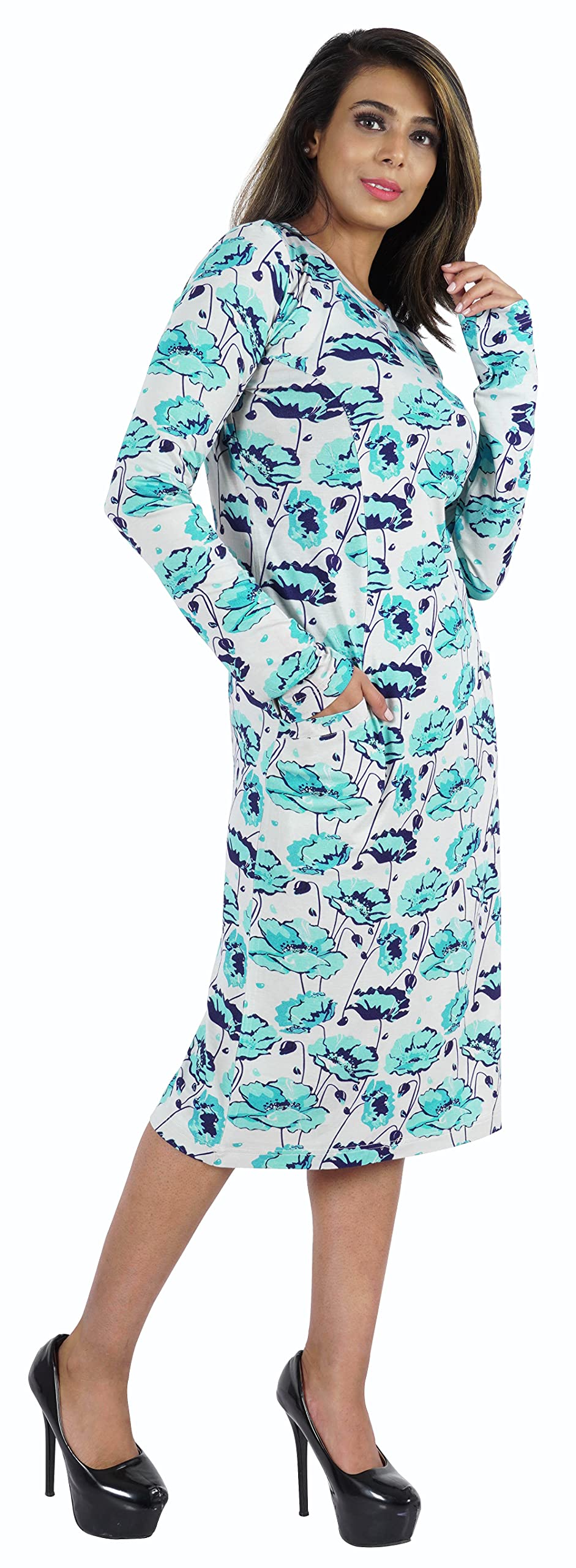 Bimba Women's Printed Long Bodycon Dress with Pockets - Full Sleeve Midi Dress for Casual Wear, Party & Office Outfits