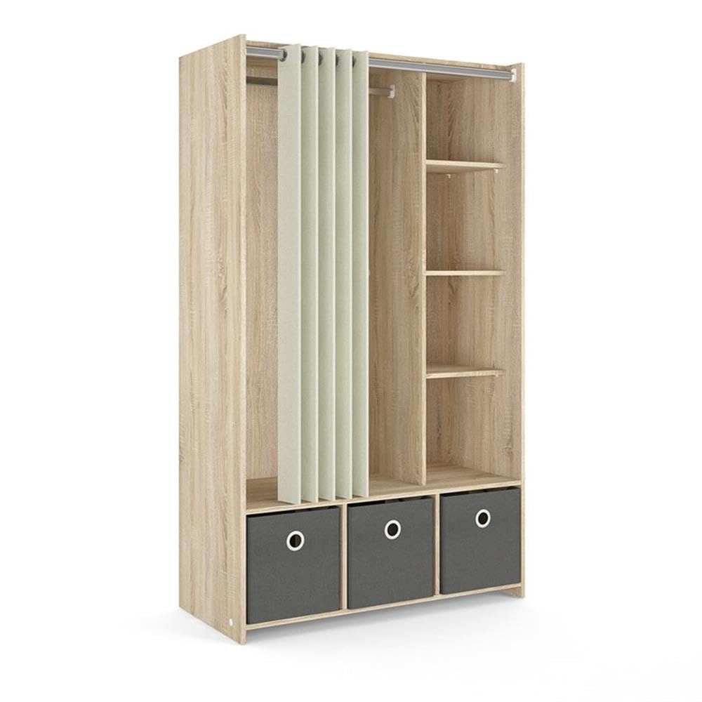 Tvilum Lola 3 Bin Curtain Storage Organizer - Oak Wood Frame with Natural & Gray Fabric Bins - Perfect for Bedroom Closet, Kids Room, or Bathroom Storage