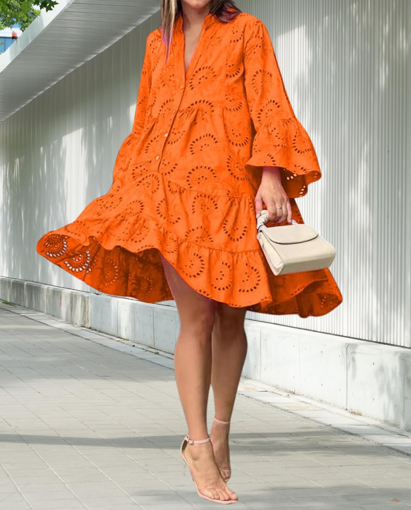 Elegant White Floral Lace Boho Dress for Women - Hollow Out Long Sleeve V-Neck Button Down Midi Dress - Perfect for Summer Weddings, Beach Vacations & Boho Chic Outfits