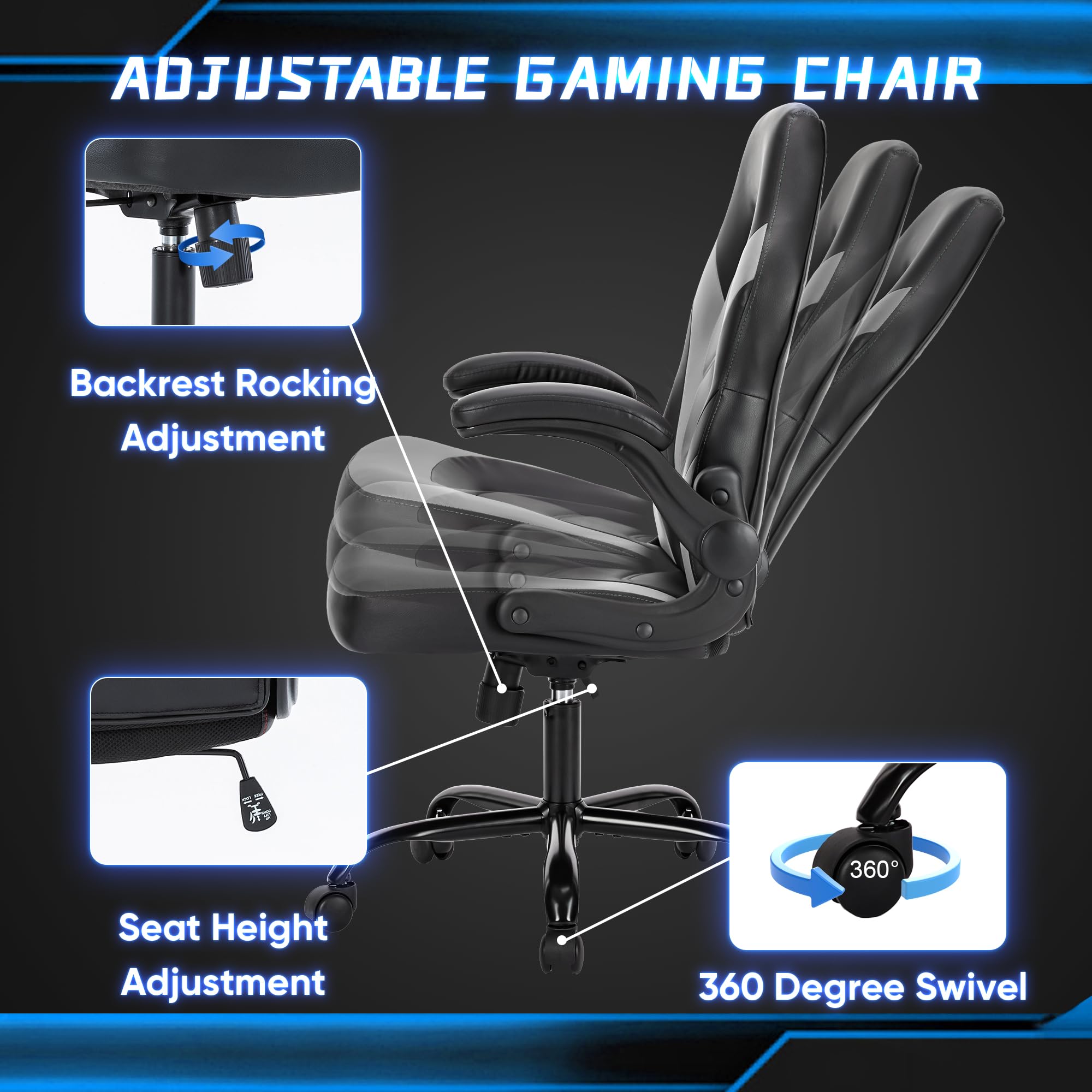 OLIXIS Big and Tall Office Desk Leather Gaming Computer Chair with Adjustable Swivel Task & Flip-Up Arms - Ergonomic Executive Chair for Adults & Teens (Grey) - Perfect for Home Office, Gaming Setup & Workspace