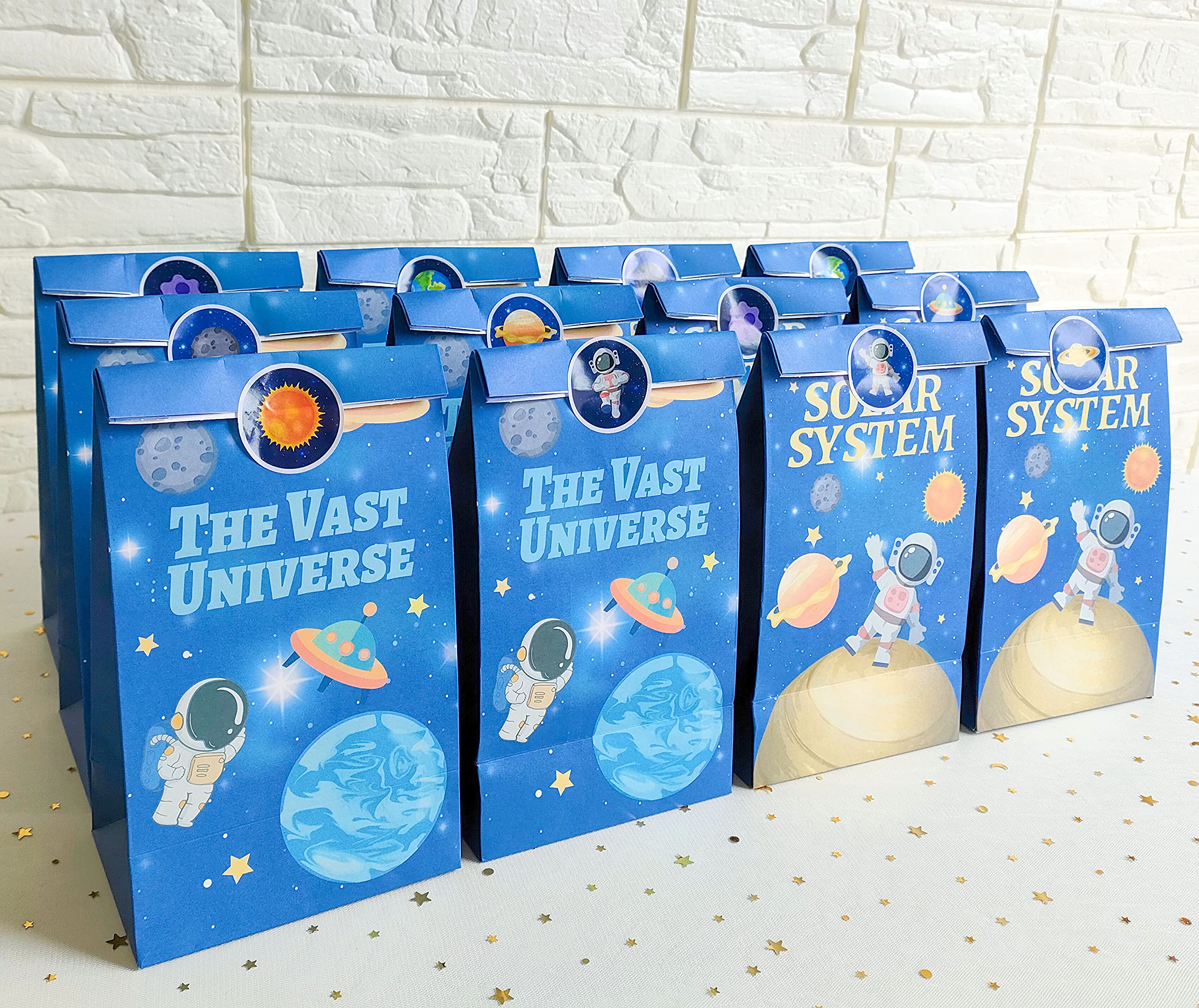 Space Themed Party Favor Bags - 12pcs Astronaut Goodie Bags with Thank You Stickers for Kids Birthday, Space Party Decorations & NASA Themed Events - Perfect for Astronaut Birthday Parties, Classroom Rewards & Outer Space Celebrations
