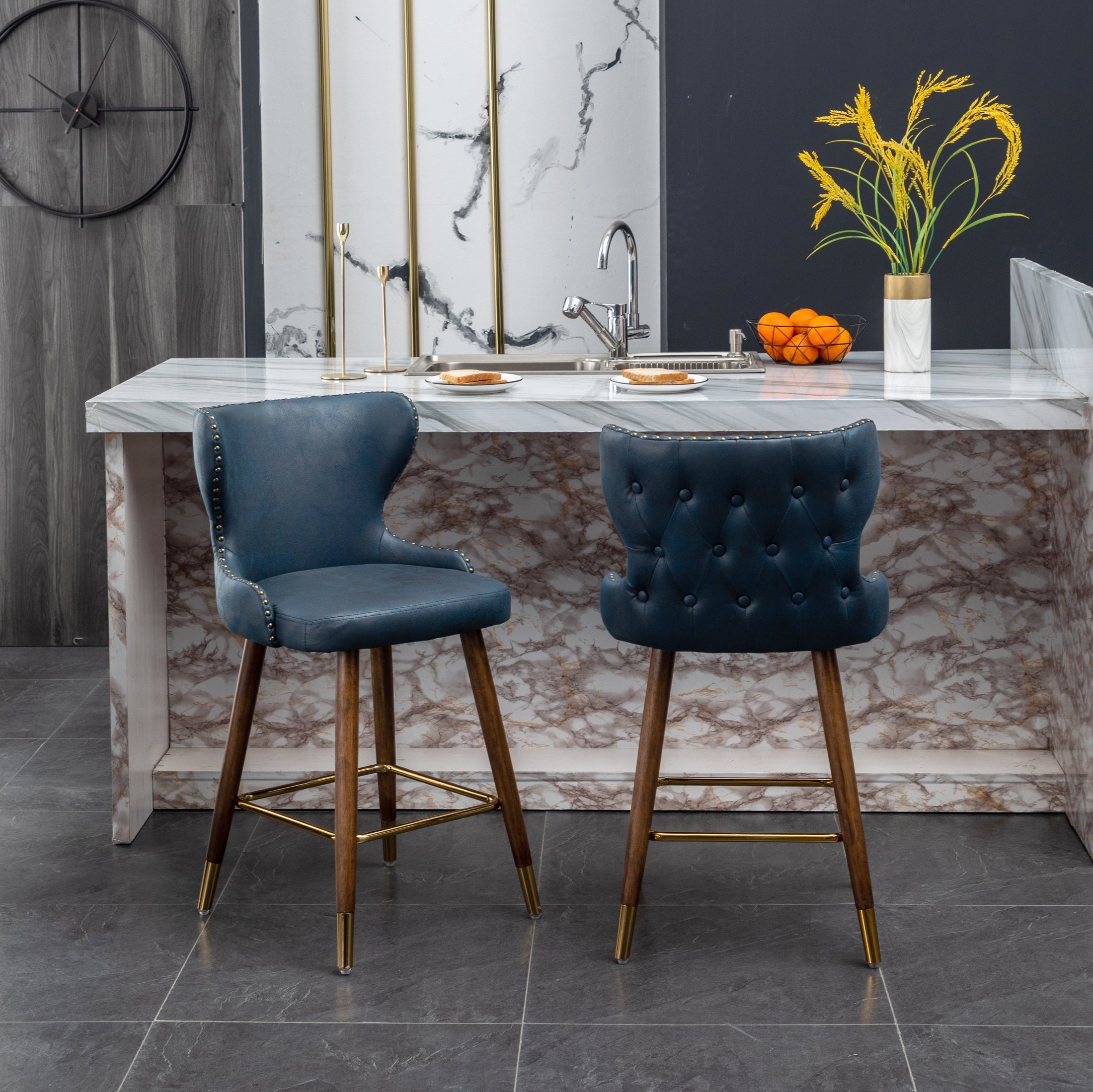 Roundhill Furniture Nevis Mid-Century Modern Faux Leather Tufted Counter Stool with Nailhead Trim - Set of 2, Blue - Perfect for Kitchen Islands, Breakfast Bars & Home Decor