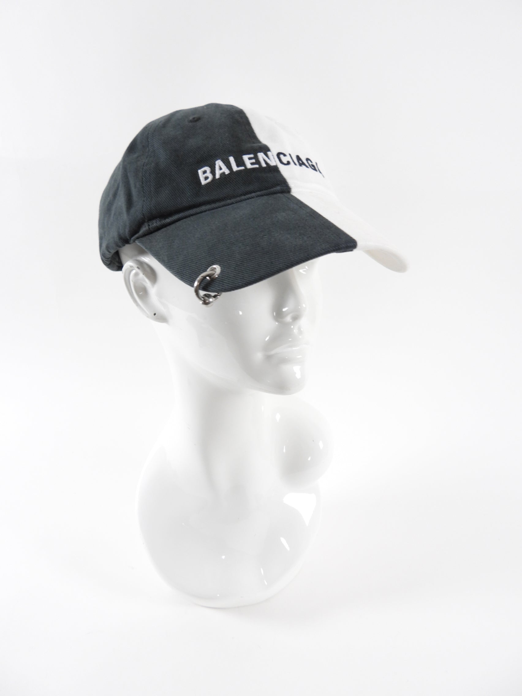 Balenciaga Dark Grey & White 50/50 Logo Piercing Hat - Unisex Baseball Cap for Streetwear Fashion & Urban Lifestyle