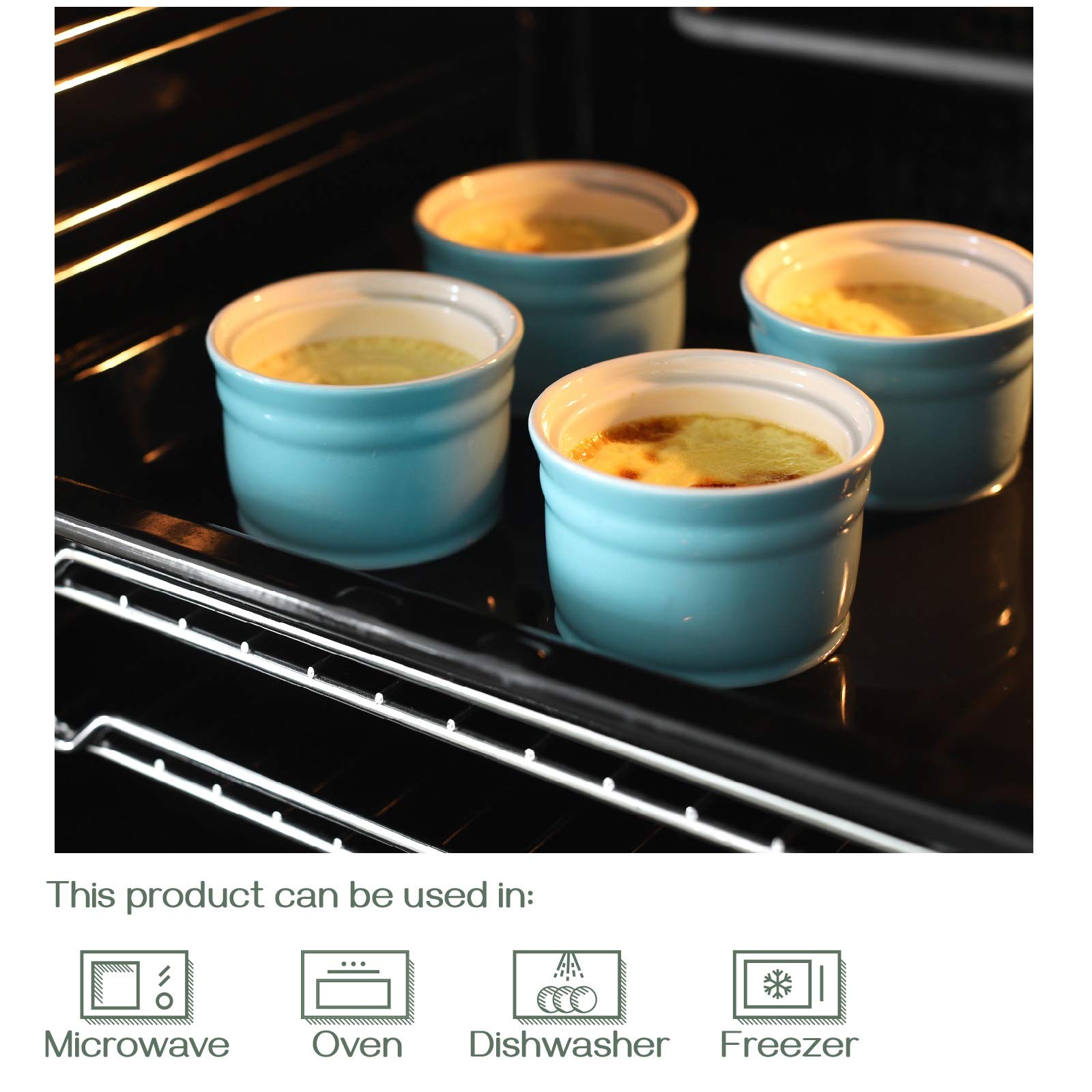 DOWAN 8 oz Porcelain Ramekins Set of 6 - Oven Safe Baking Dishes for Creme Brulee, Souffle, Custard & Pudding | Turquoise Dessert Bowls for Home Kitchen & Restaurant Use