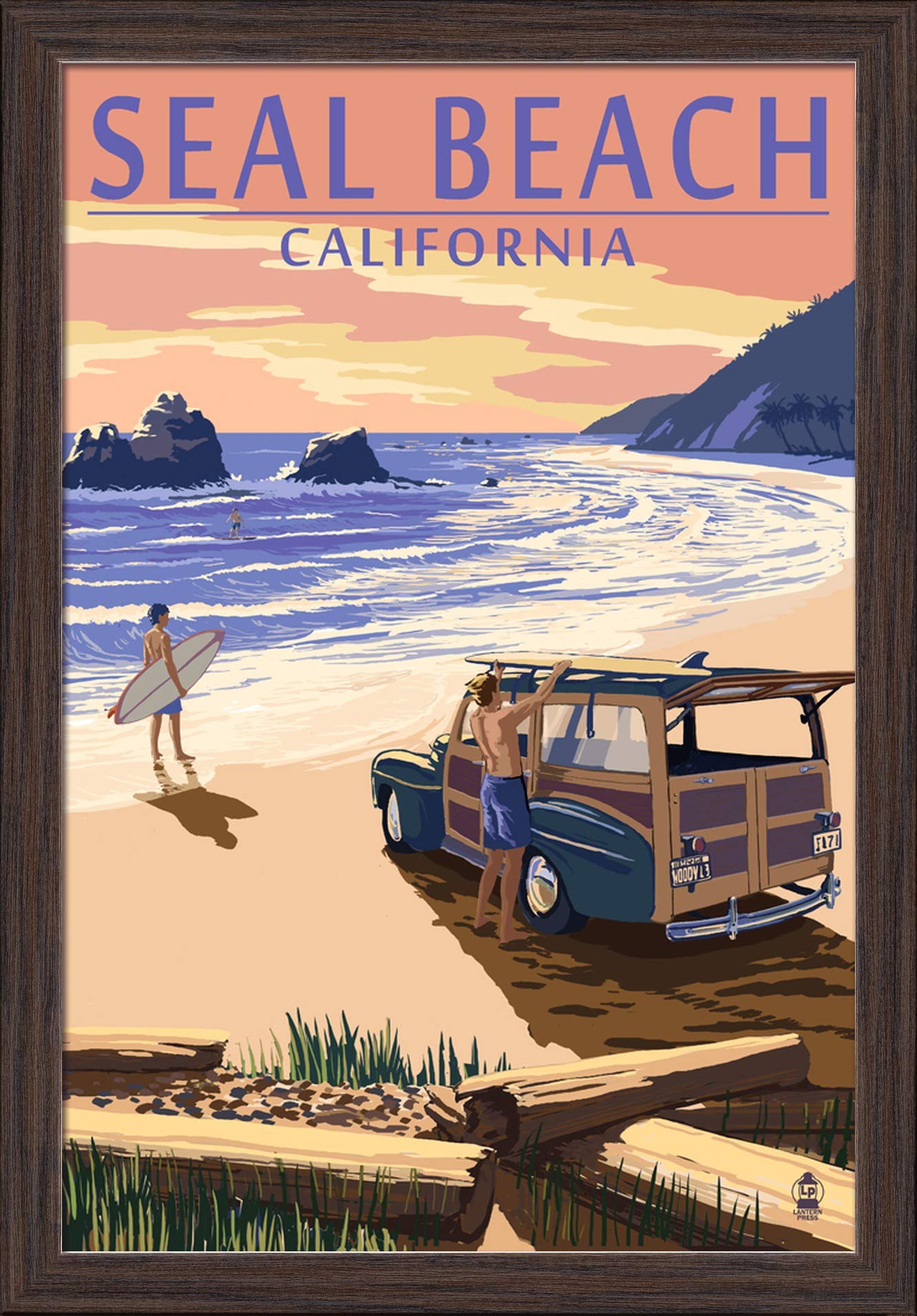 Woody on Beach Seal California - 16x24 Giclee Fine Art Print with Recycled Wood Frame in Espresso Brown - Perfect for Coastal Home Decor & Beach House Wall Art