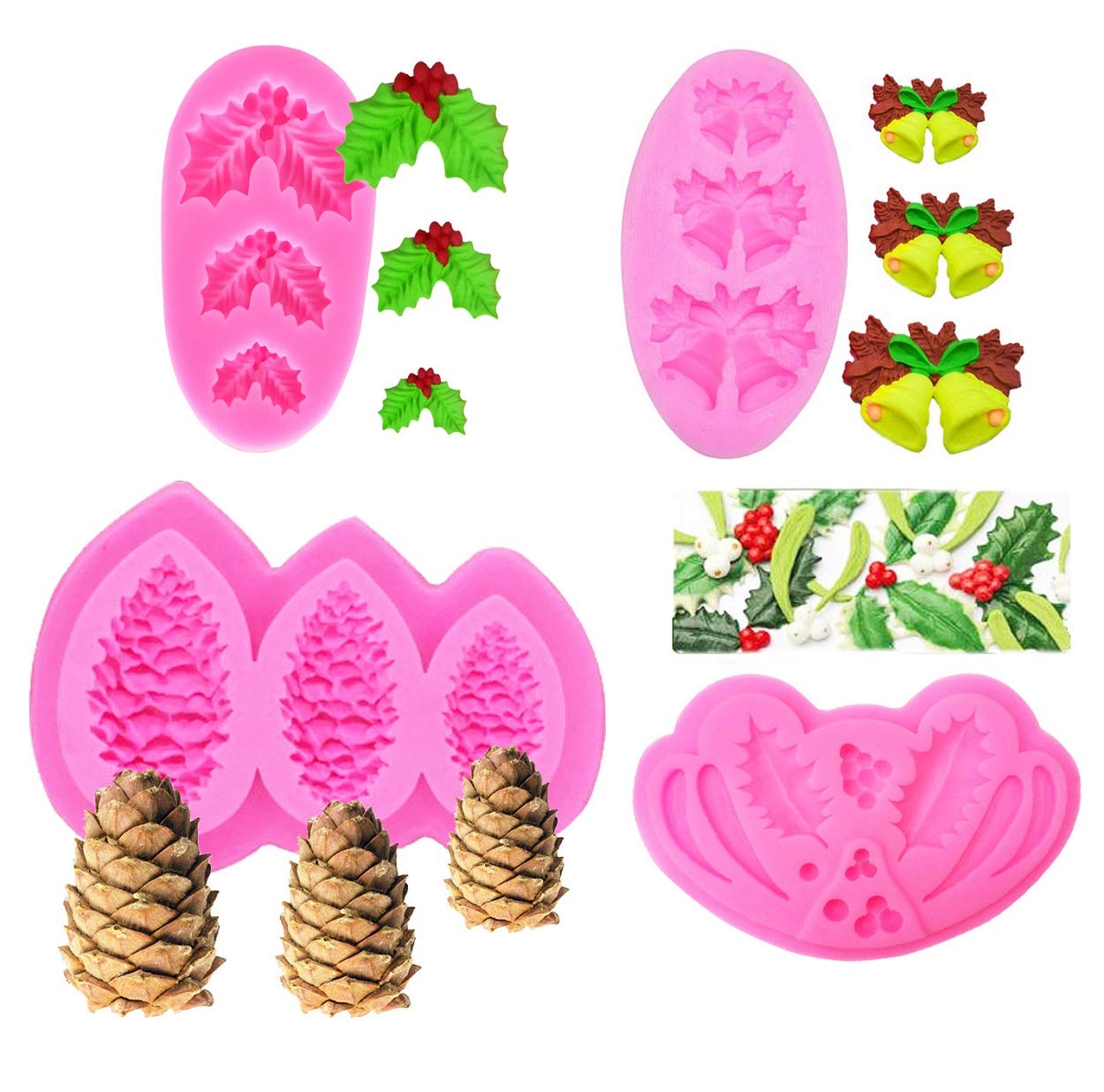 4-Piece Christmas Silicone Mold Set - Bell, Holly Leaf, Berry & Pinecone Shapes for Fondant, Chocolate, Polymer Clay - Cake Decorating Tools for Cupcakes, Candy Making & DIY Crafts (Pink) | Perfect for Holiday Baking, Gift Making & Festive Dessert Decorations