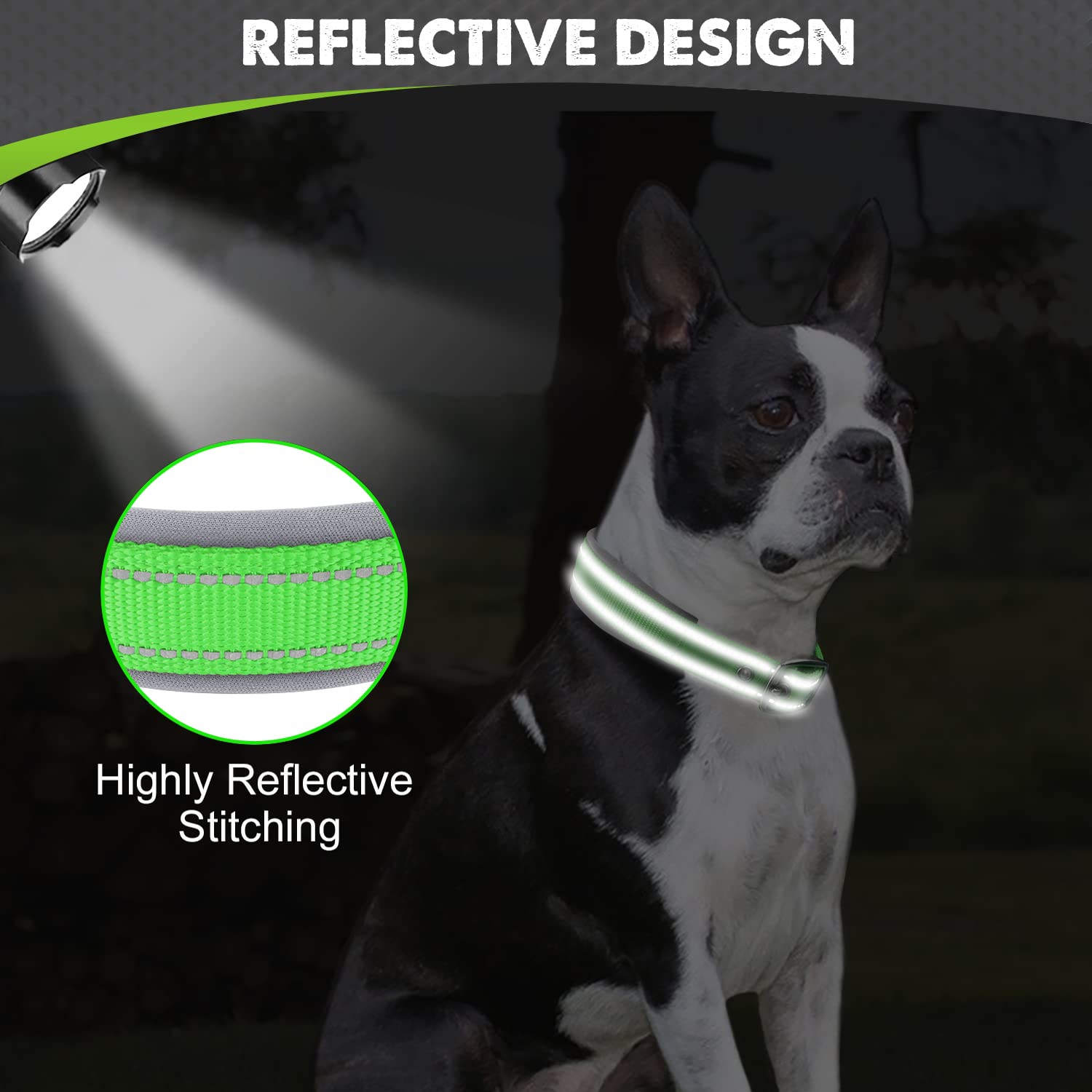Joytale Adjustable Neoprene Padded Dog Collar for Medium Dogs - Reflective Heavy Duty Pet Collar with Durable Metal Buckle - Perfect for Walking, Training & Outdoor Adventures (Green, Medium)