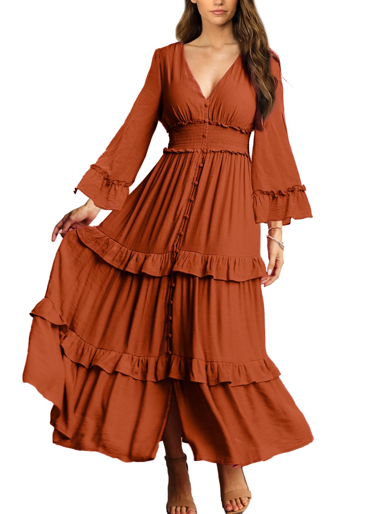 Amegoya Women's V Neck Long Sleeve Boho Maxi Dress - Flowy Summer Wedding Guest Dress for Engagement, Party & Beach Vacation