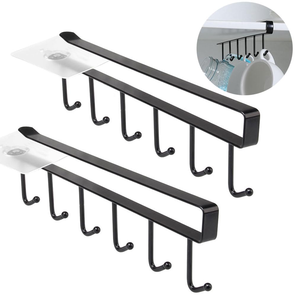 2 Pack Under Cabinet Mug Hooks Rack - No Drill Cup Holder Hanger with Adhesive Stickers (6 Hooks) for Mugs, Ties, Belts & Scarfs - Space Saving Kitchen Organizer for Coffee Cups, Utensils & Accessories