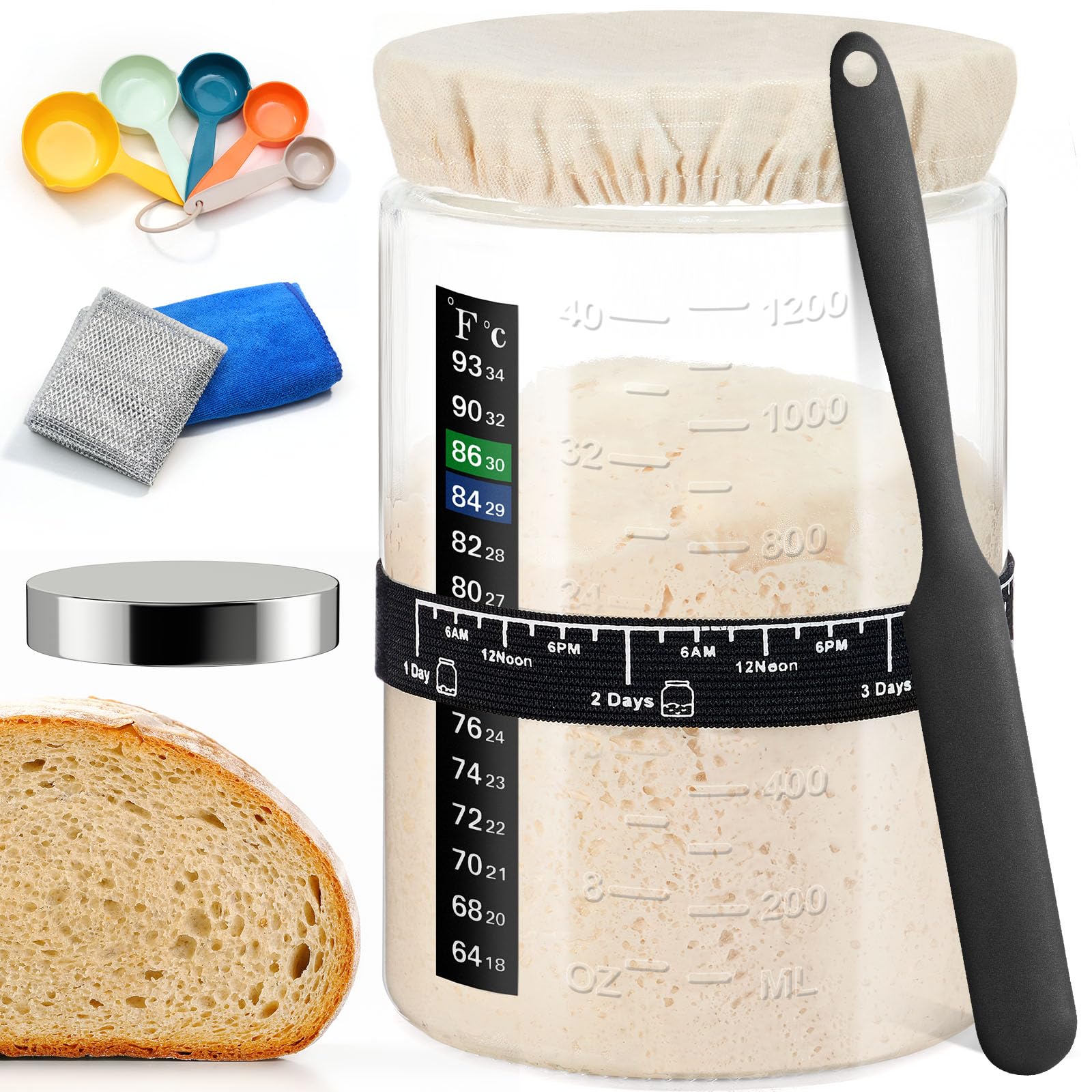 Premium Vitreous Glass Sourdough Starter Kit - 48 oz | Artisan Bread Baking Supplies for Homemade Sourdough | Perfect for Beginners & Bakers | Kitchen Essentials for Bread Making