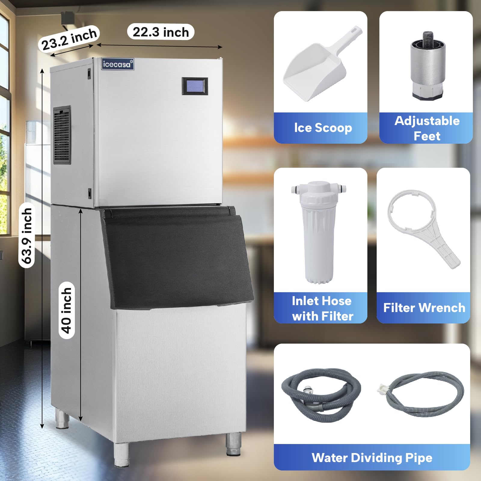 Commercial Ice Maker Machine - Stainless Steel 350 lbs/24H Ice Production with 220 lbs Storage Capacity - Perfect for Hotels, Bars, Restaurants, Cafes, and Large Events