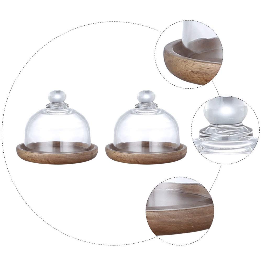 2Pcs Clear Glass Cake Stand with Dome Cover - Round Cake Plate Server Platter with Wooden Base & Glass Bell Jar - Perfect for Birthday Parties, Weddings, and Dessert Displays