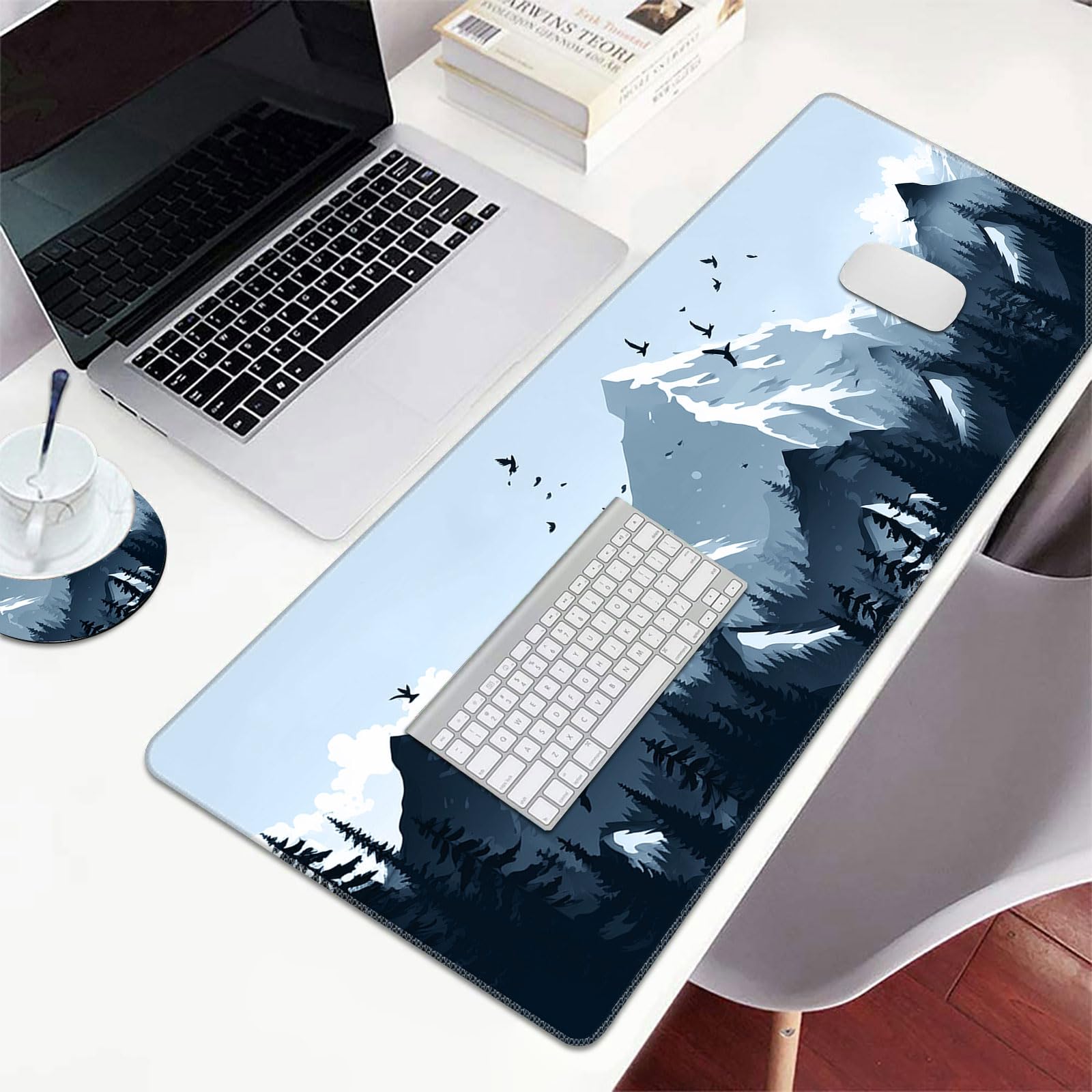 XXL Extended Mouse Pad with Coaster - 31.5x11.8 Inch Large Desk Mat with Non-Slip Base & Stitched Edge - Mountain Forest Design - Perfect for Gaming, Office Work & Home Computer Setup