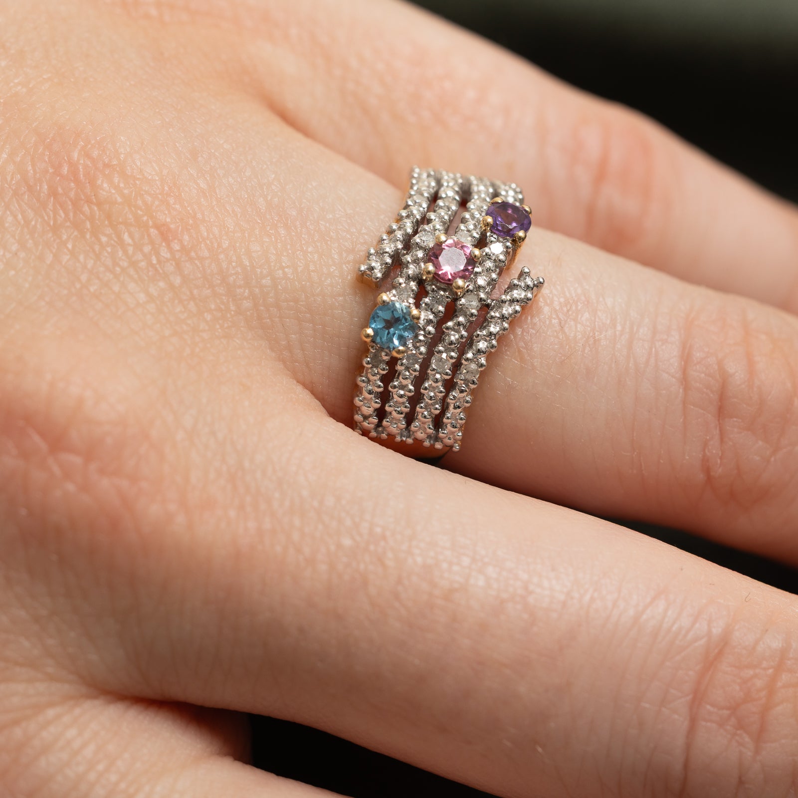 Exquisite Multi Gemstone & Diamond Multi Row Ring | 0.30ctw Total Weight | 0.07ctw Diamond | Size 6.25 | Elegant Stackable Jewelry for Women | Perfect for Weddings, Anniversaries & Special Occasions