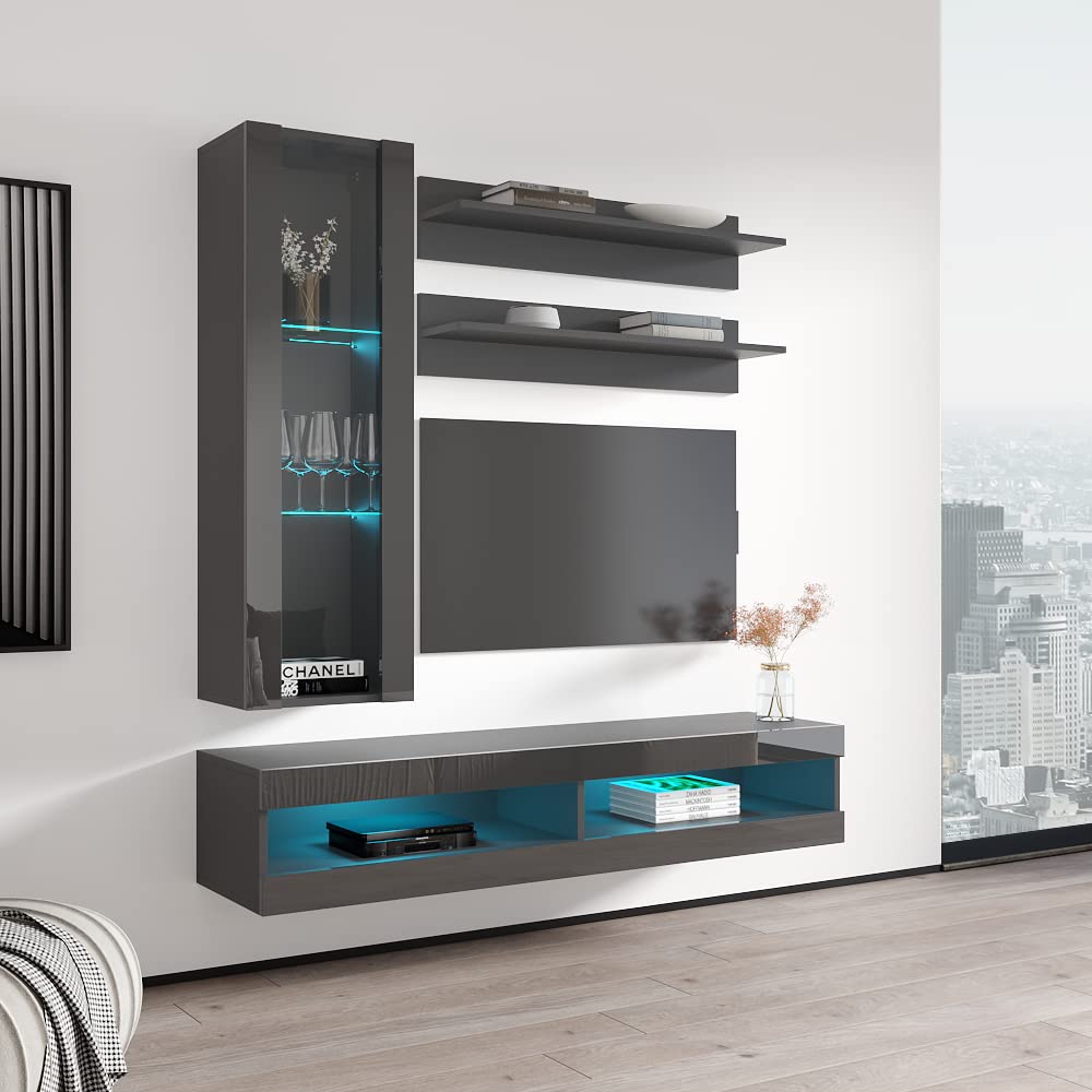 Modern Gray Wall-Mounted TV Stand with Storage Shelves & LED Lights - Floating Entertainment Center Console for Living Room & Bedroom - Perfect for Small Spaces & Home Theater Setups