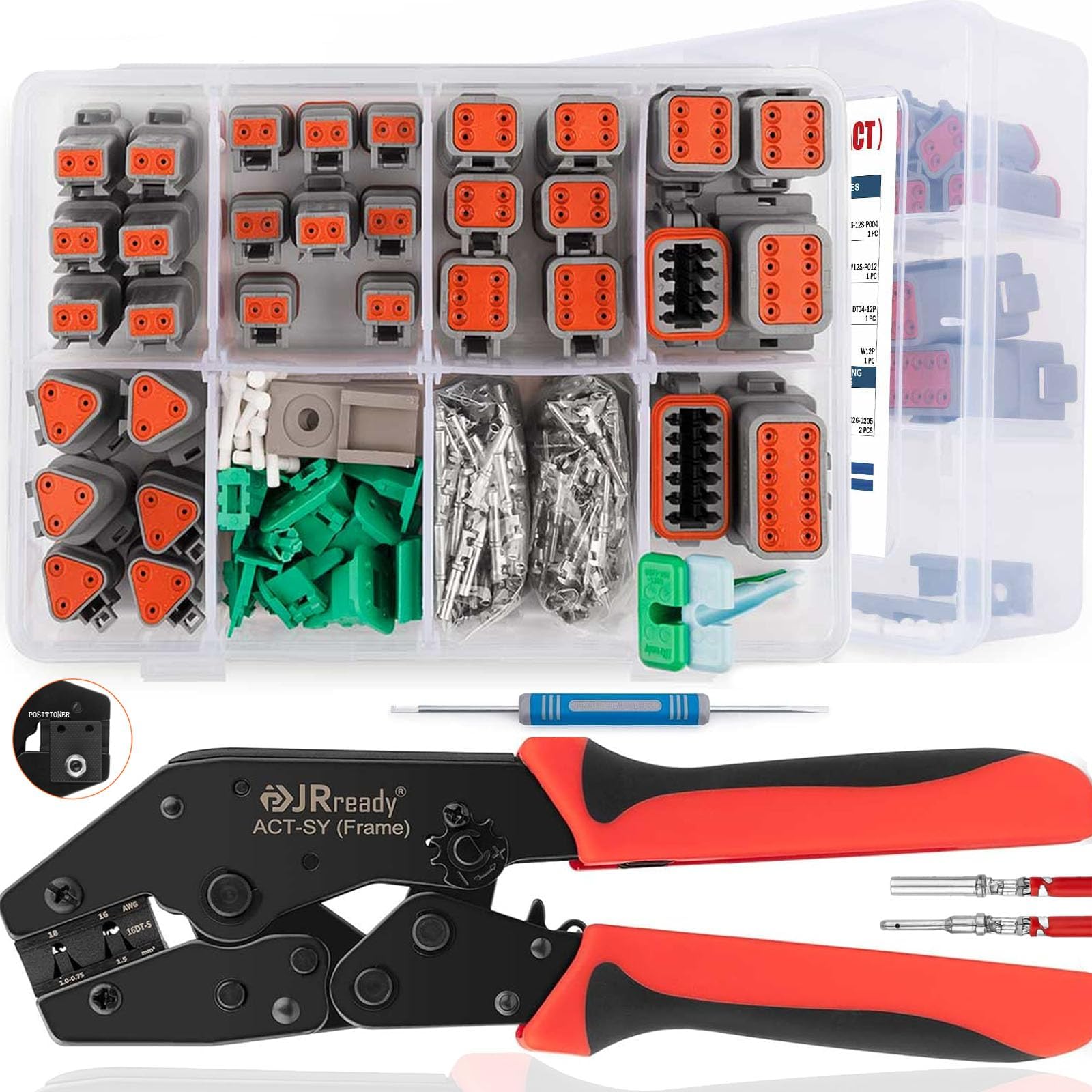 JRready DW5005-01 Deutsch Connector Crimping Tool Kit with Crimper - 2/3/4/6/8/12 Pin DT Connectors & Size 16 Stamped Contacts - IP68 Waterproof Electrical Connector Set for Automotive, Marine & Industrial Wiring Applications