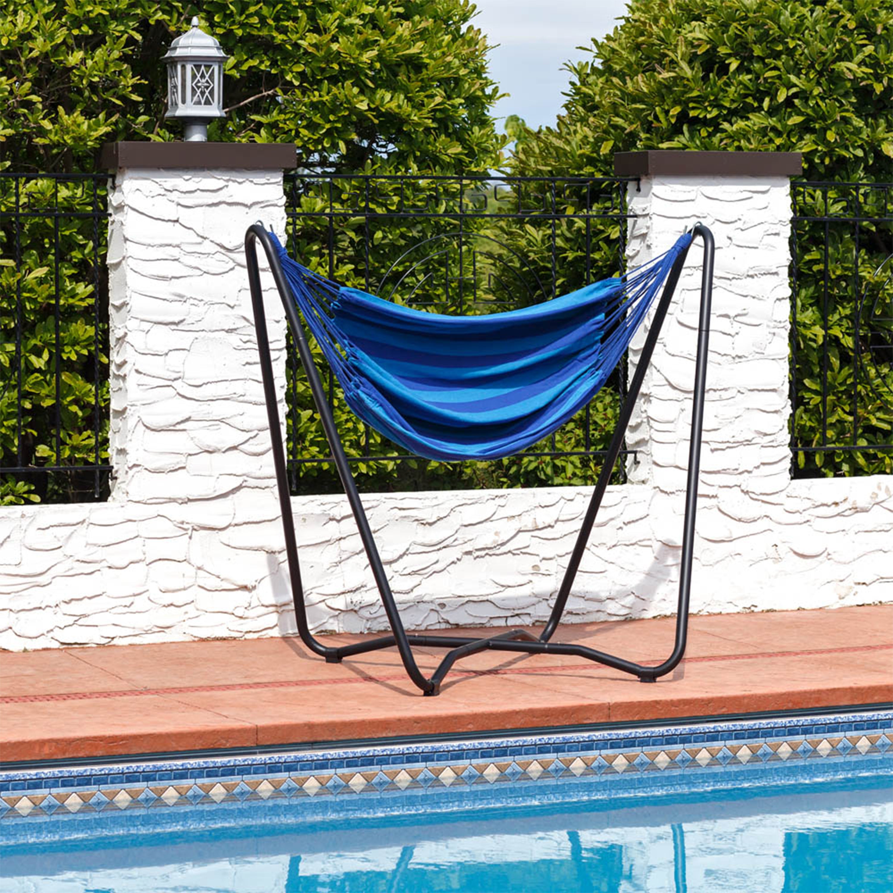 Sunnydaze Hanging Rope Hammock Chair with Space-Saving Stand - Indoor/Outdoor Swing Chair for Patio, Garden, Balcony & Bedroom Relaxation