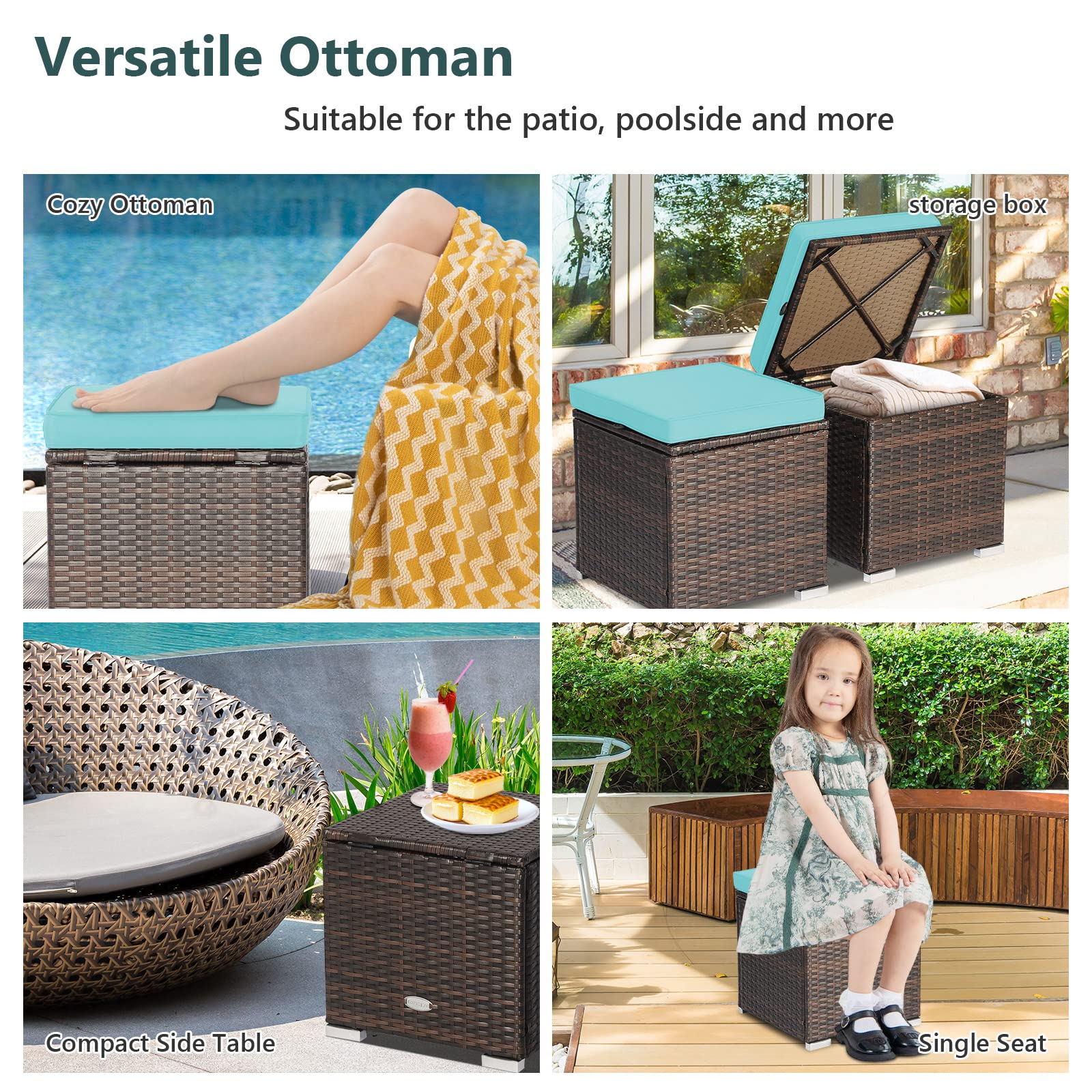 Tangkula 2-Piece PE Rattan Patio Ottoman Set with Removable Cushion & Hidden Storage - Multifunctional Side Table/Seat for Outdoor Living, Backyard, Poolside & Garden (Turquoise) - Perfect for Relaxation, Entertaining & Stylish Storage Solutions