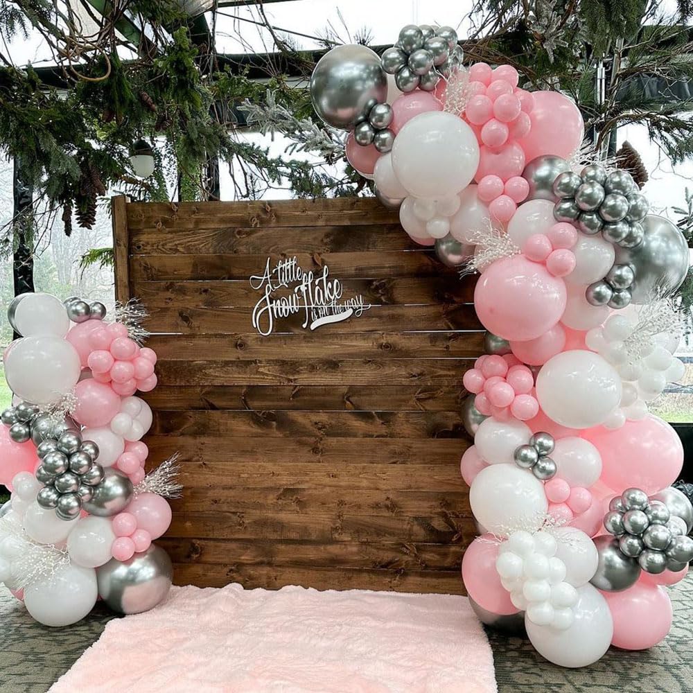 158Pcs Pink Snowflake Balloon Garland Arch Kit - Winter Wonderland Party Decorations with Metallic Silver & Red Balloons for Princess Theme, Onederland, Christmas & Baby Shower | Perfect for Indoor & Outdoor Holiday Decor, Birthday Parties & Special Events