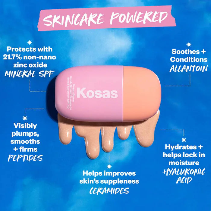 Kosas DreamBeamâ¢ Mineral Sunscreen SPF 40 - Silicone-Free with Ceramides & Peptides for Sensitive Skin - Daily Face Sun Protection for Outdoor Activities & Beach Days