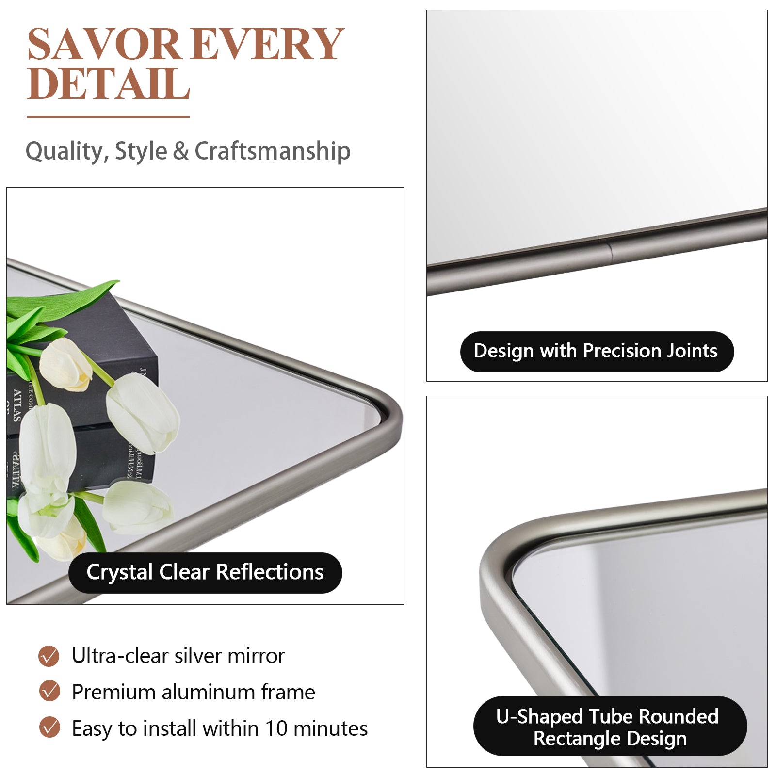 Modern Rounded Rectangular Bathroom Wall Mirror with Aluminum U-Tube Frame - Perfect for Vanity, Powder Room, and Contemporary Home Decor