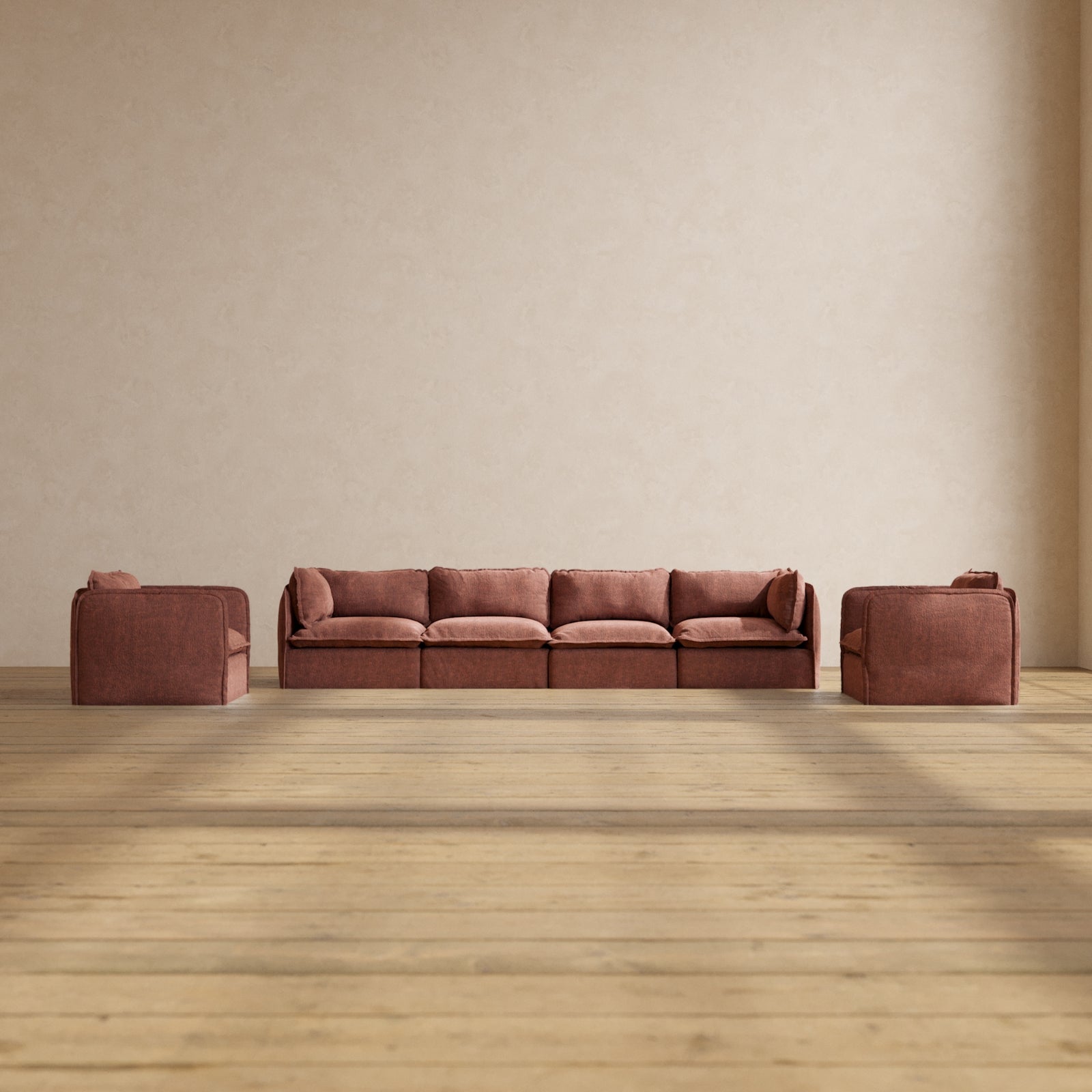 Modular Performance 4 Seater Sofa with Armchair Set in Chestnut Brown | Modern Living Room Furniture for Home Theater & Family Gatherings