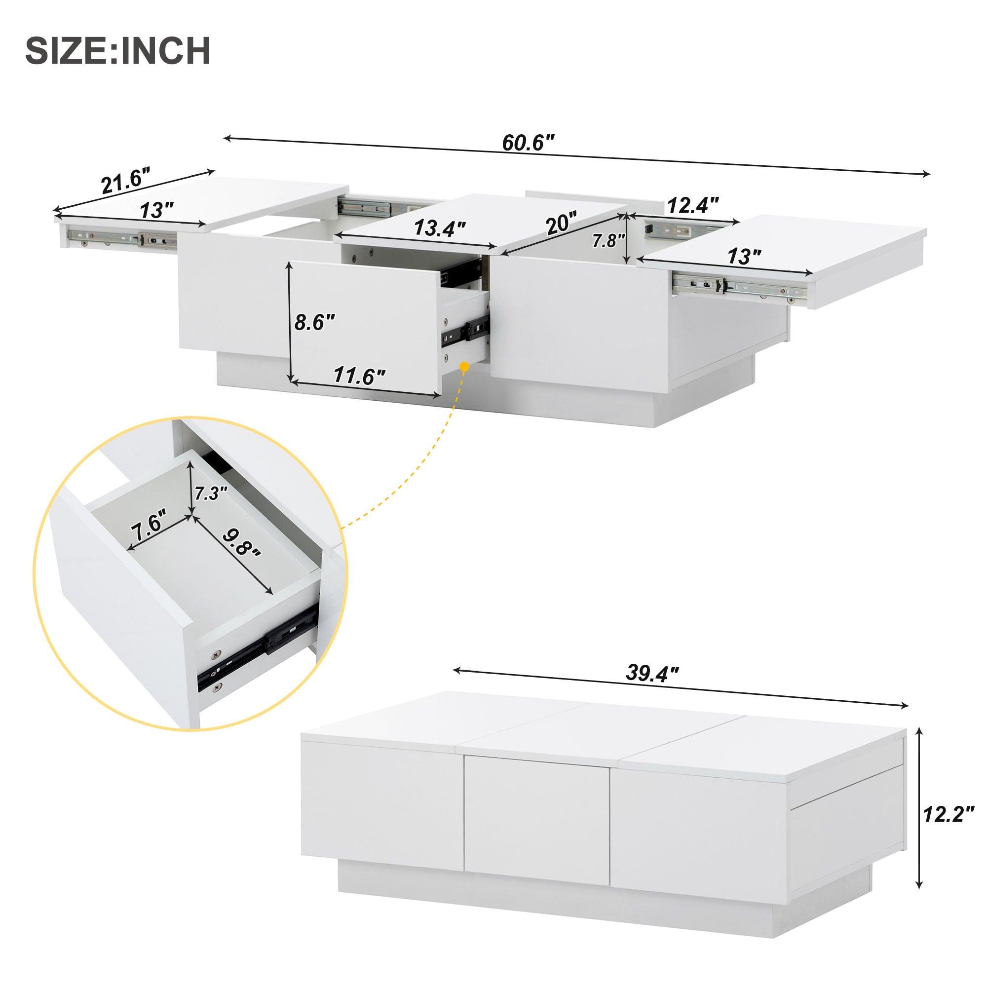 White Extendable Coffee Table with 2 Large Hidden Storage Compartments & 2 Drawers - High Gloss Center Table with Sliding Top for Living Room (39.3