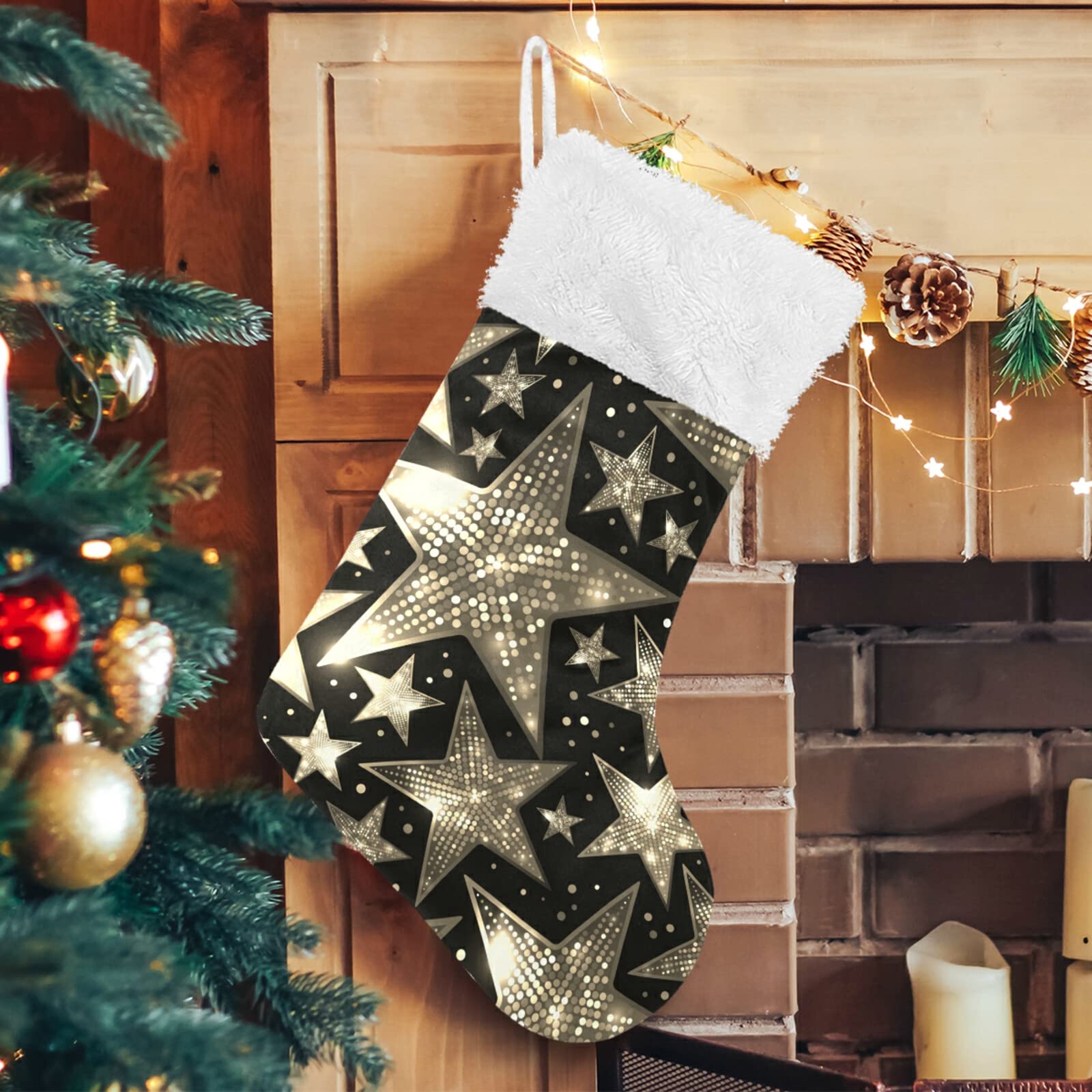 2 Pack Silver White Sparkling Star Sequins Christmas Stockings - Large 18x8 Inch Burlap Plush Faux Fur Cuff Stocking for Fireplace, Bed, Stairs, Xmas Tree Decor - Perfect for Holiday Parties & Festive Home Decor