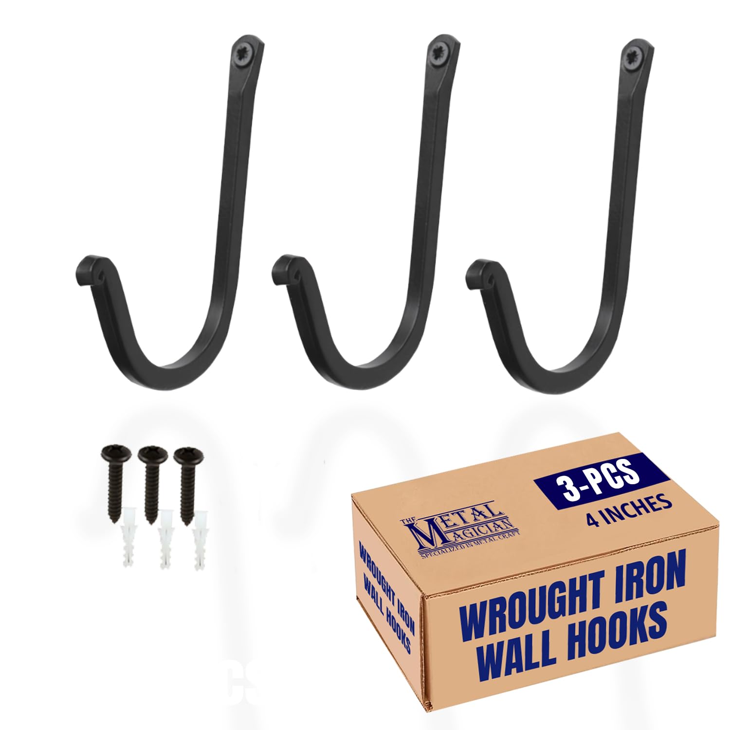 Vintage Hand Forged Iron Hooks Set of 3 - Rustic Single Prong Wrought Iron Wall Hooks for Coats, Hats & Décor - Colonial Style Curved Metal Fasteners for Home & Garden Organization