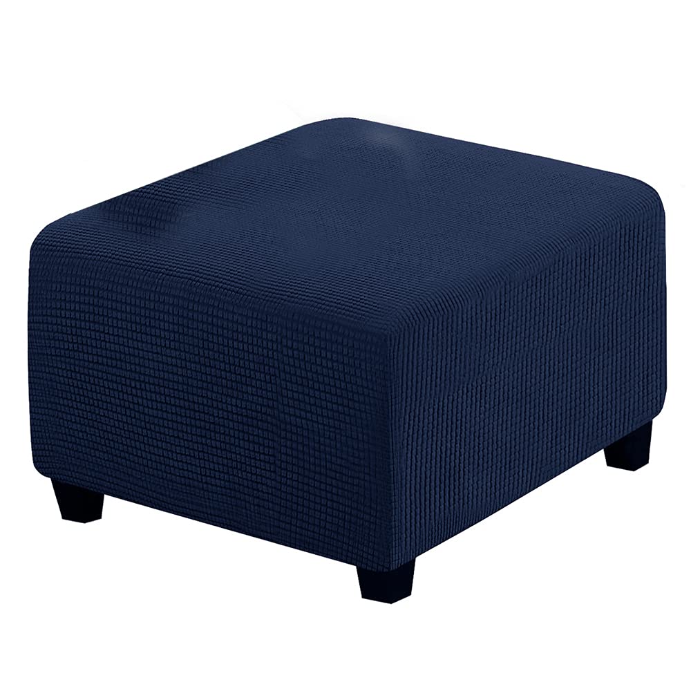 XMNTG Jacquard Stretch Ottoman Slipcover - Washable Square Folding Storage Stool Cover with Elastic Bottom - Furniture Protector & Footrest (Navy Blue) - Perfect for Living Room, Bedroom & Home Decor
