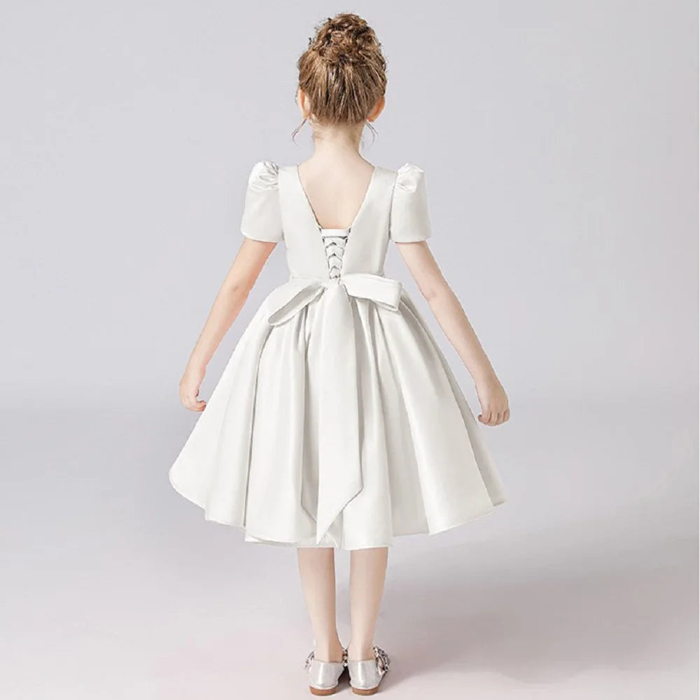 Satin Flower Girls Dress with Square Collar - Elegant Party Dress for Weddings, Birthday & Special Occasions