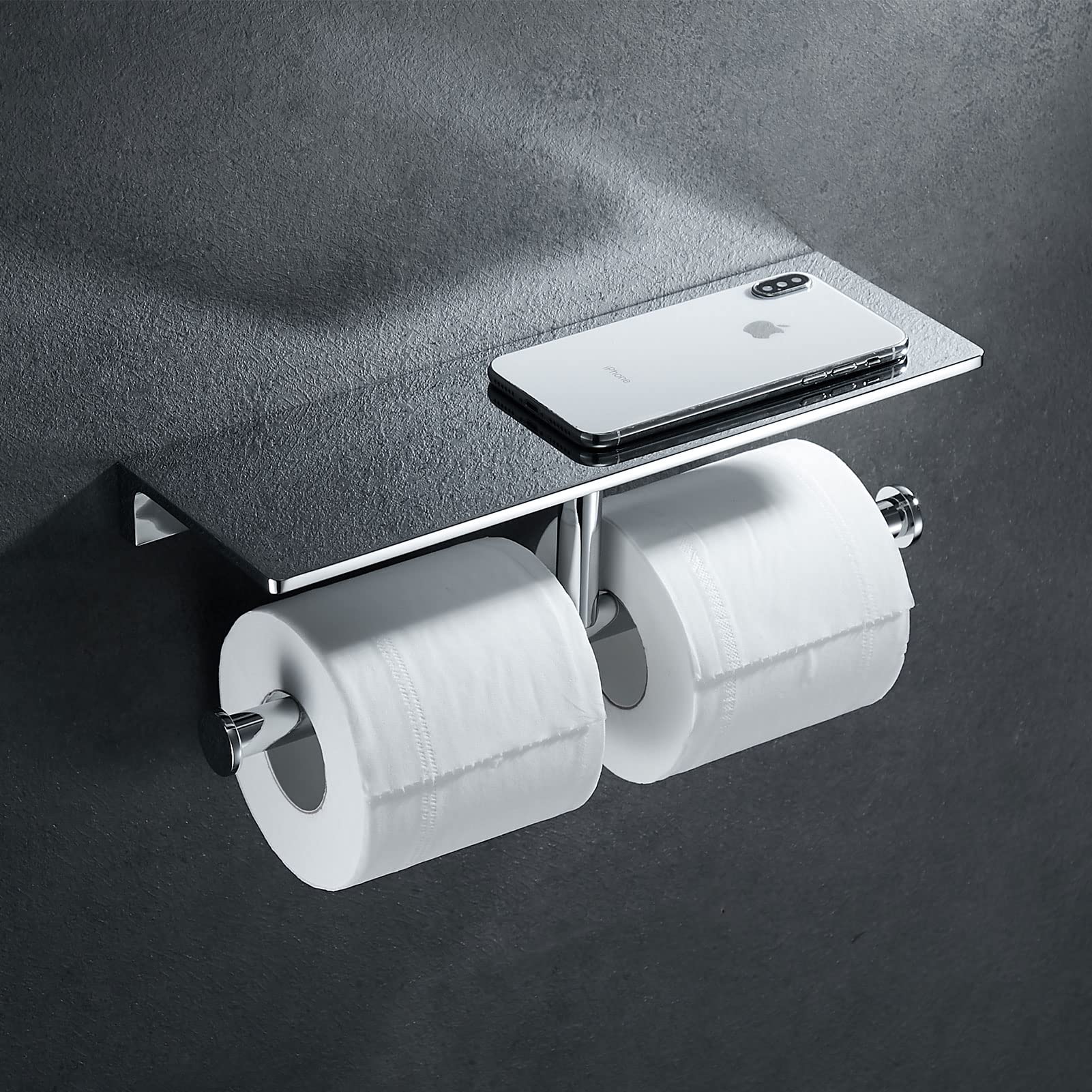 Premium Chrome Double Toilet Paper Holder with Shelf - Wall Mounted Brass Tissue Dispenser for Bathroom, Home & Hotel Use - Ideal for Space Saving and Stylish Bathroom Organization