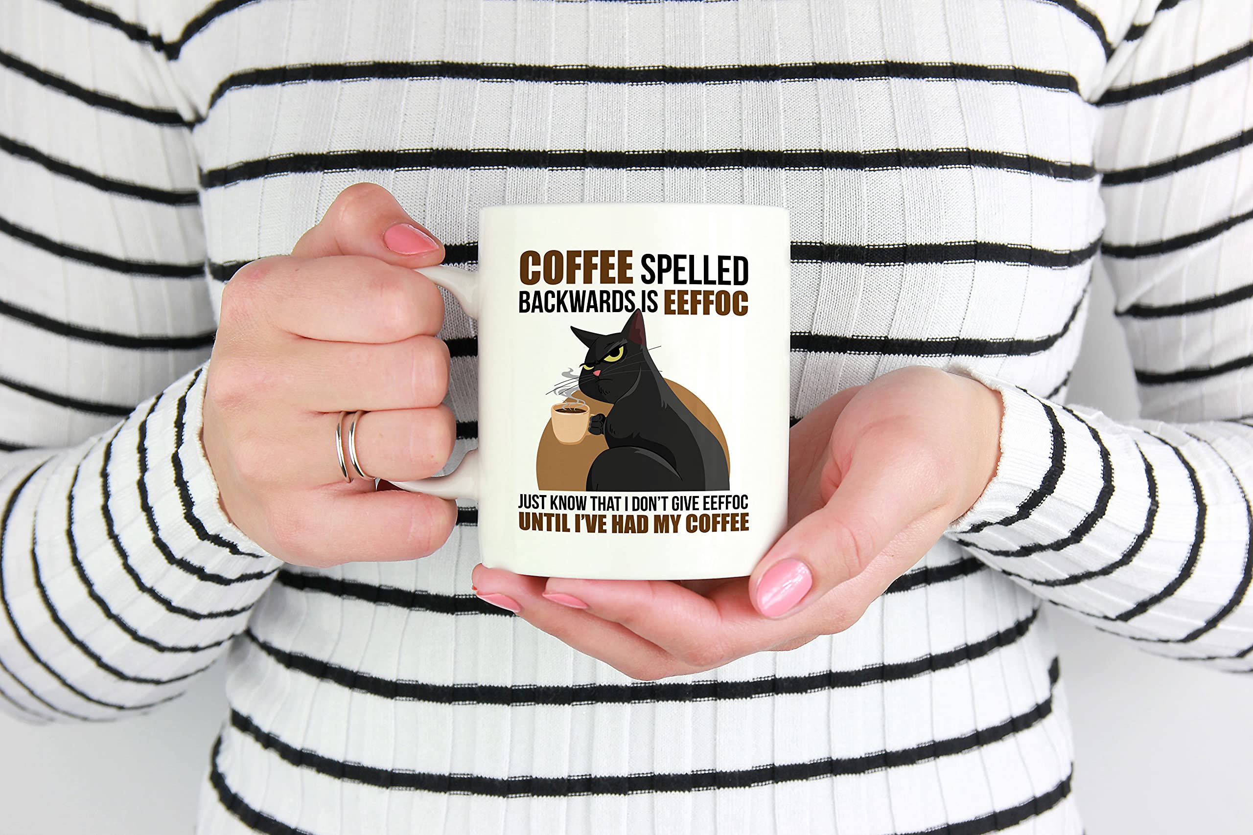 Eeffoc Is Coffee Spelled Backwards - 11oz White Ceramic Cat Mug for Coffee & Tea - Perfect for Cat Lovers, Office Use, and Cozy Home Mornings