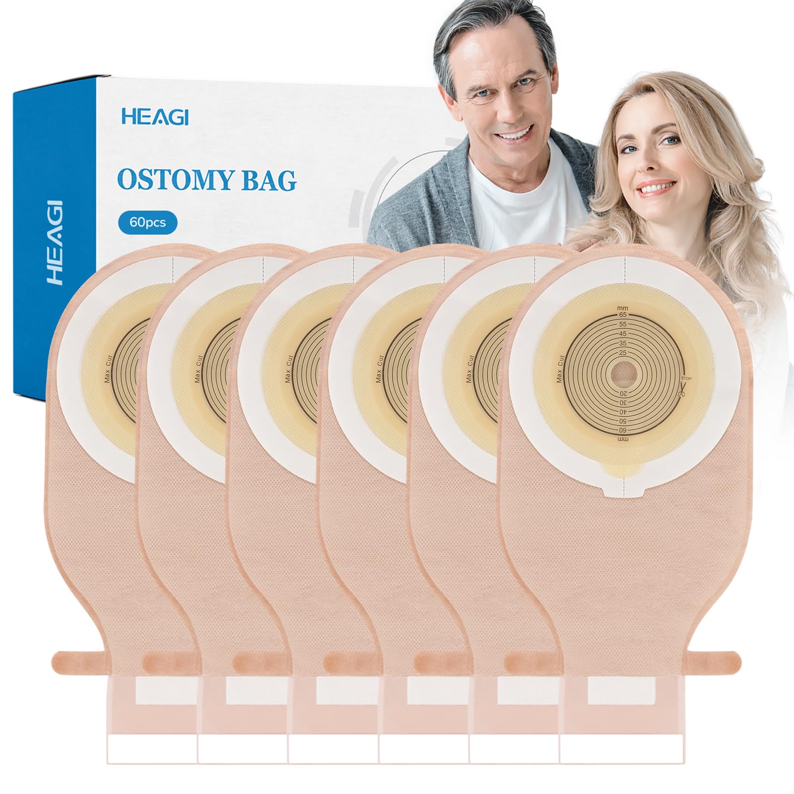 60 PCS Colostomy Bags - Drainable Ostomy Pouches for Ileostomy Care (15mm-65mm) | Hook & Loop Closure | Cut-to-Fit Design | Comfortable & Secure Stoma Supplies for Daily Use, Travel & Active Lifestyle